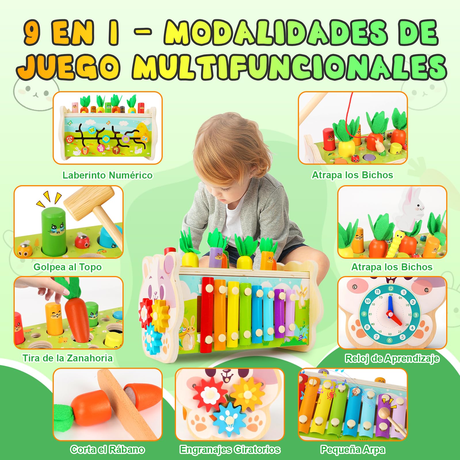 BuzzoXerex Juguetes Montessori 1 Años, 9 en 1 Juguetes Madera con Juguete de Martillo, Xilofono, Juego de Pesca y Laberinto Numérico, Interactivo Educativos Regalo Niño 1 2 3 4 Años