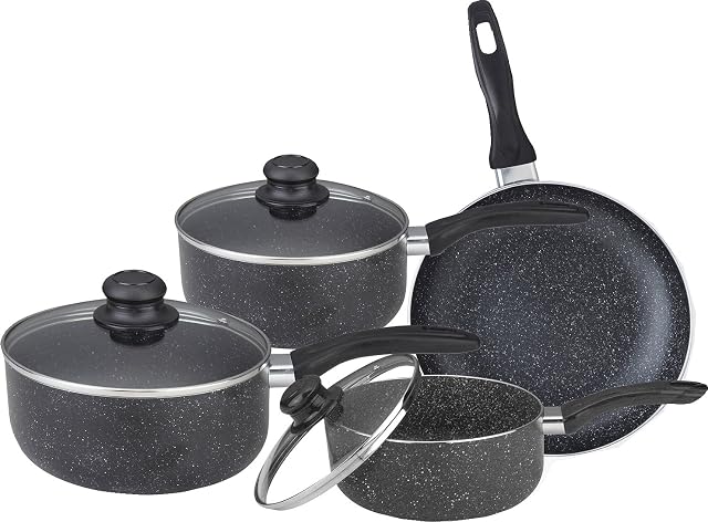 7PC Marble Coated Aluminium Non Stick COOKWARE Set Frying PAN Saucepan Glass LID (Black)