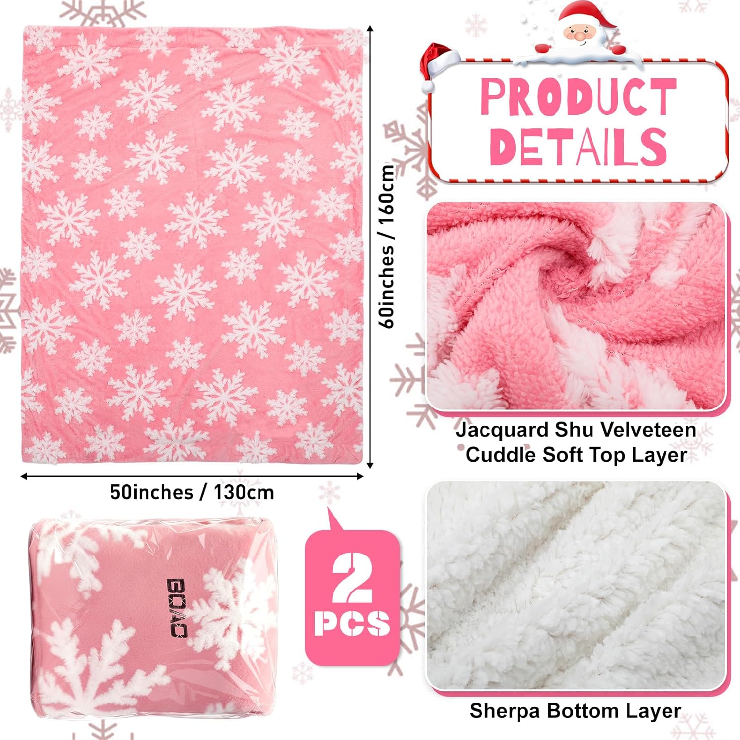 Boao 2 Pcs Pink Winter Blanket 50" x 60" Soft Pink Snowflake Flannel Fleece Plush Microfiber Throw Blanket for Couch Fluffy Fuzzy Winter Decor Gift for Women Men - Image 2