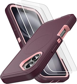 iPhone 16 Case, MXX Heavy Duty Rugged Armor Cover with Screen Protector Shockproof Dustproof Drop Proof iPhone 16 Magsafe Case 6.1 inch - Plum/Light Pink