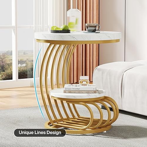 Miniatura 7 de LITTLE TREE Mesa auxiliar redonda dorada, mesa auxiliar de 2 niveles con estante de almacenamiento, mesita de noche moderna de mármol sintético,