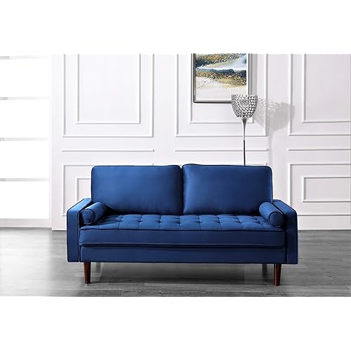 Container Furniture Direct Womble Mid Century Modern Velvet Couch for Living Room with 3 Seater Tufted Seat and Sturdy Wood Frame, Includes Bolster Pillows, Sofa, Blue