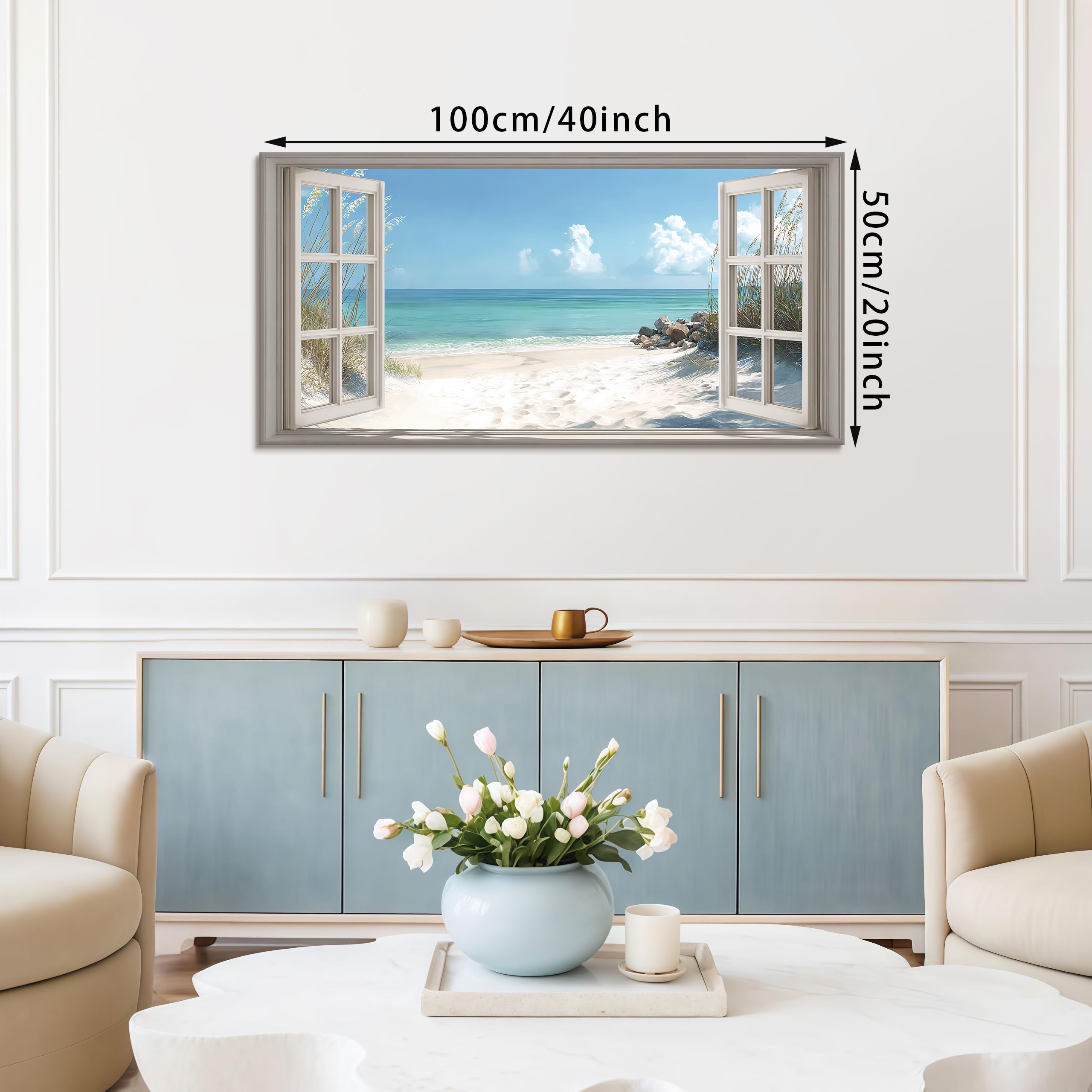 Playa Vista 3D Ventana Efecto Marco de Madera Cuadros Decoracion Salon Modernos Azul Costa Paisaje Pintura Lienzos Decor Natural Paisaje Cuadros Salón Pasillos Dormitorio Comedor Oficina 100x50cm