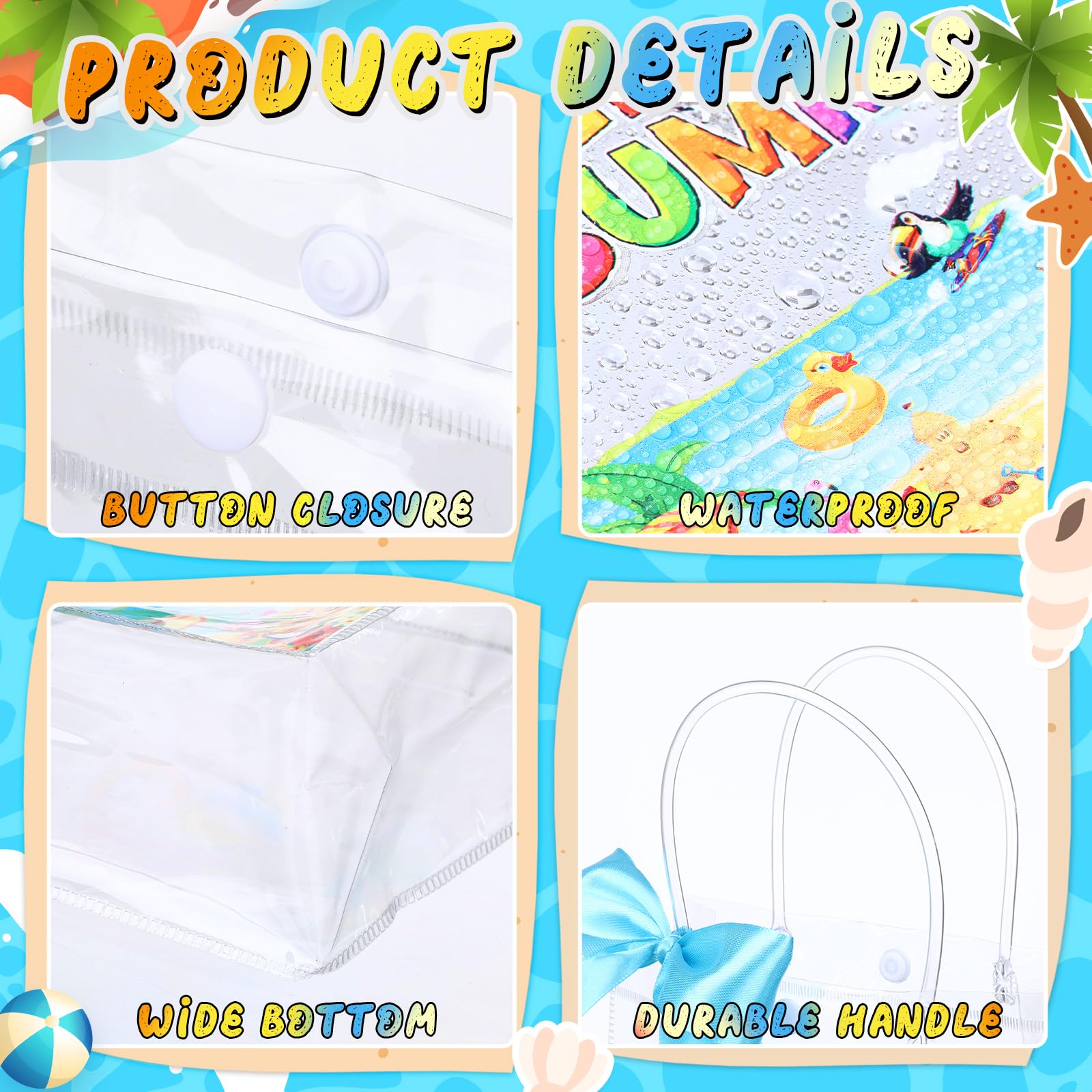 Tatuo 24 Pcs Hello Summer Gift Bags 7.9 x 3.2 x 7.9 Clear PVC Beach Bag with Handles Ribbon Bows Waterproof Goodie Candy Treat Tote for Summer Pool Beach Tropical Birthday Party Favors Supplies