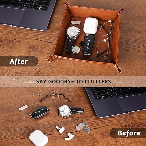 Miniatura 4 de Funistree Regalos para hombres, papá, marido, Navidad, cumpleaños de hija, hijo, esposa, bandeja de valet de piel sintética con monograma y llavero,