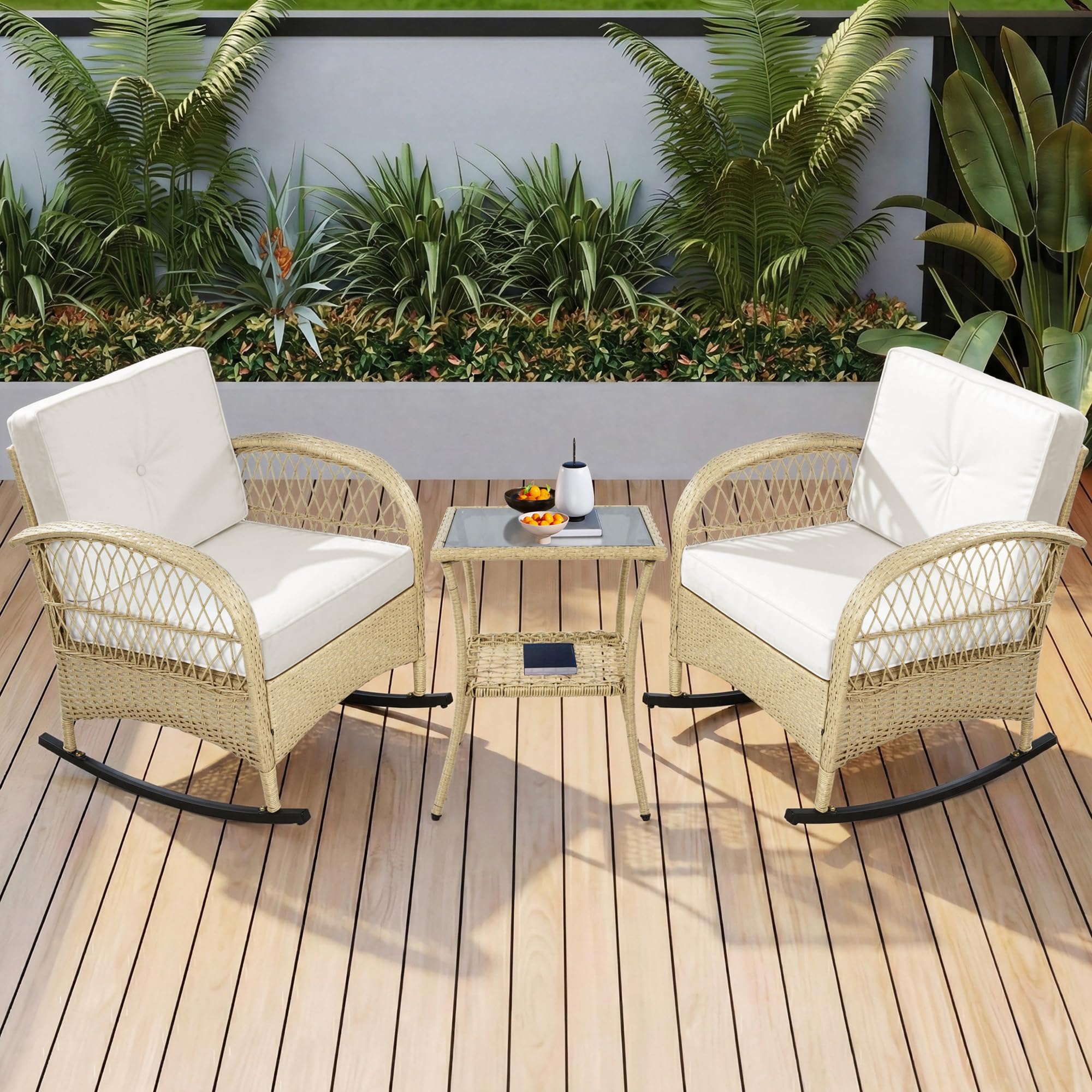 Conjunto de Jardin Exterior de Ratán para 2 Personas, 3 Piezas | Para Terraza Patio, Set Muebles Jardin con Sillones y Mesa de Centro, Mecedora con Cojines, Juego de Muebles de Jardín,Beige