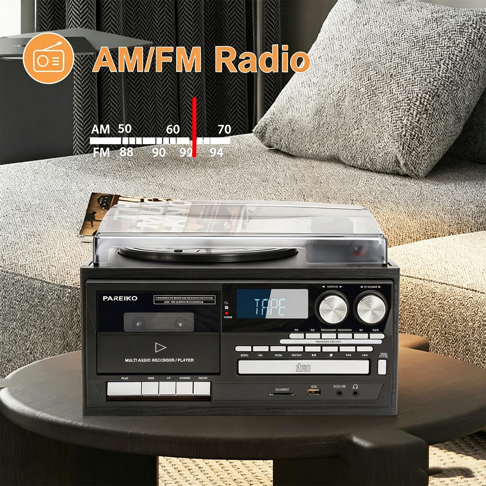 Gramofon Winylowy, Retro Gramofon Bluetooth, Gramofon Vintage Z 3 Prędkościami Bluetooth, Odtwarzacz Kaset Cd, Radio Am/fm, Nagrywarka Usb, Wejście Aux, Do Domowej Rozrywki