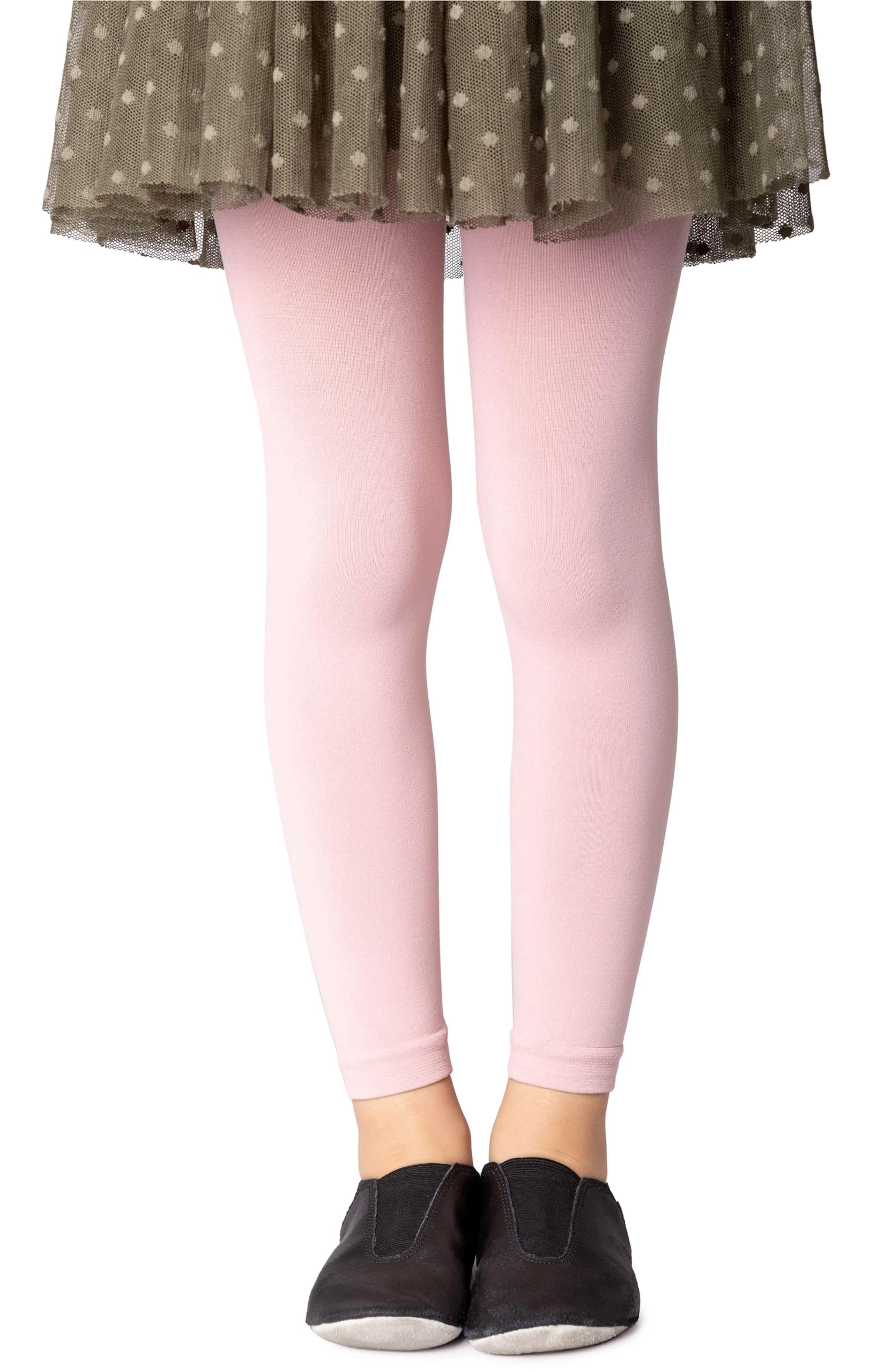 NOQ Girls Footless Tights Full Length Leggings Ankle Long Skirt Tunic Dress School Dance Ballet Opaque Microfiber, Powder Pink 8/9 years (128/134 cm)