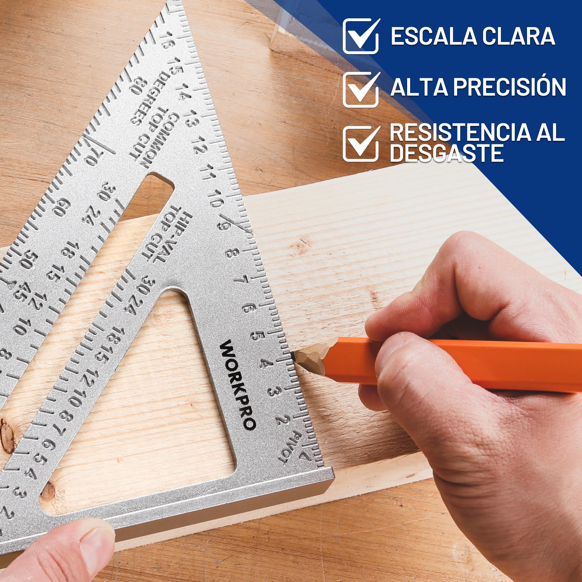 WORKPRO Escuadra de Carpintería 180mm, Regla de Triángulo, Herramienta de Medición para Carpintero, Escuadras para Carpintería Métrica, Cuadrado de Carpintero de Aleación de Aluminio