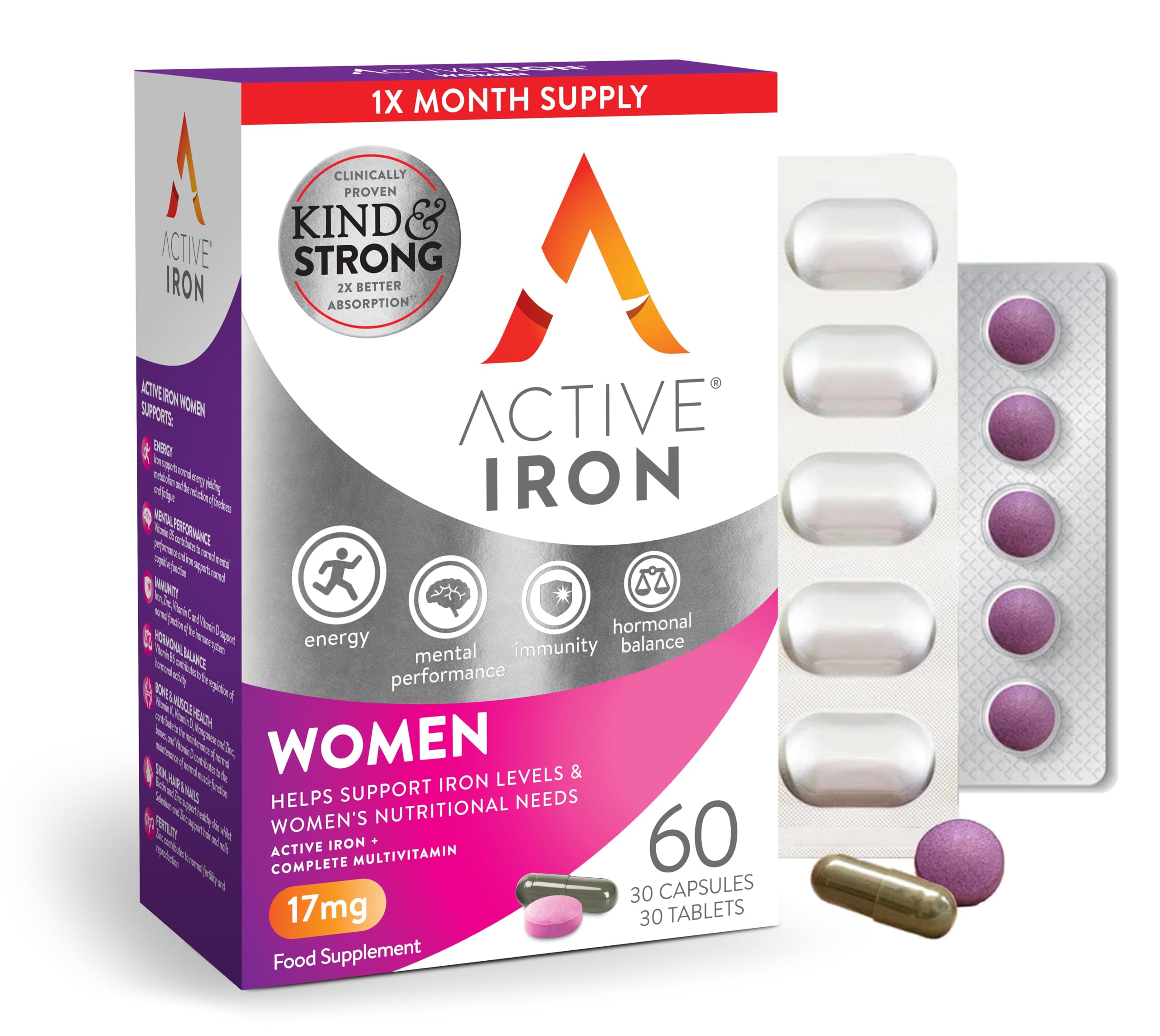 Active Iron Supplement 17mg + Multivitamin for Women – Clinically Proven to Increase Energy & Reduce Tiredness – Gentle, Non-Constipating Iron + Women’s Multivitamin – 30 Capsules + 30 Tablets