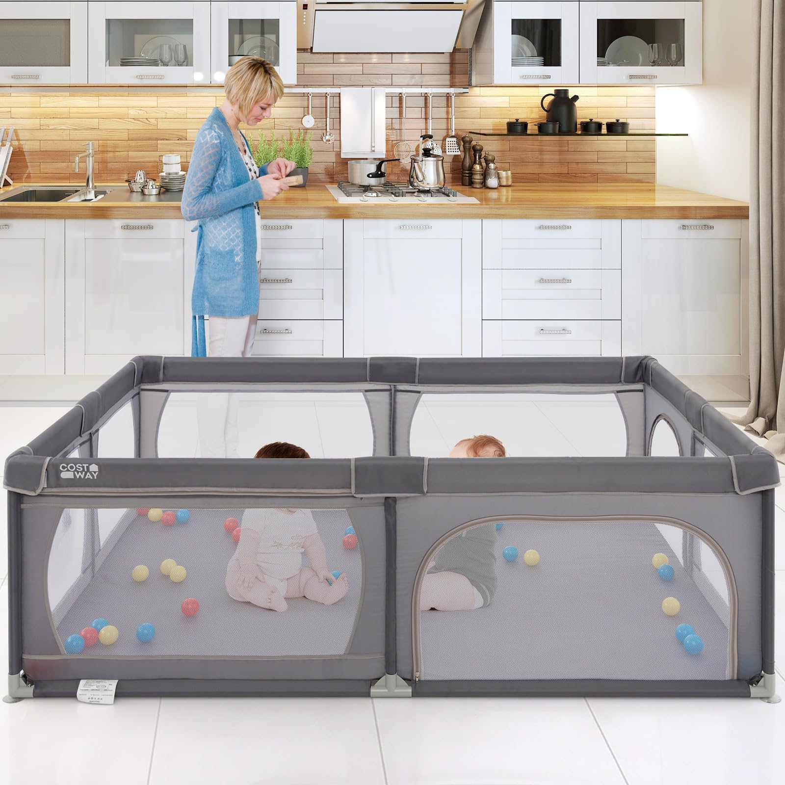 COSTWAY 205 x 147cm Laufstall Baby faltbar, Laufgitter mit 50 Bällen, 2 Türen, Seitentasche, atmungsaktivem Netz & Reißverschluss, Laufgitterzelt für Säuglinge & Kinder (Dunkelgrau)