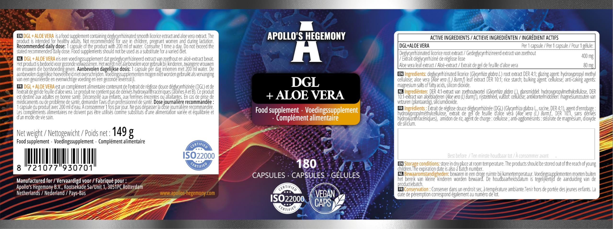 DGL + Aloe Vera (polvere di liquirizia e aloe vera) 500 mg - 180 capsule vegane - 6 mesi di fornitura - integratore di supporto alla digestione e alla resistenza - da Apollo's Hegemony