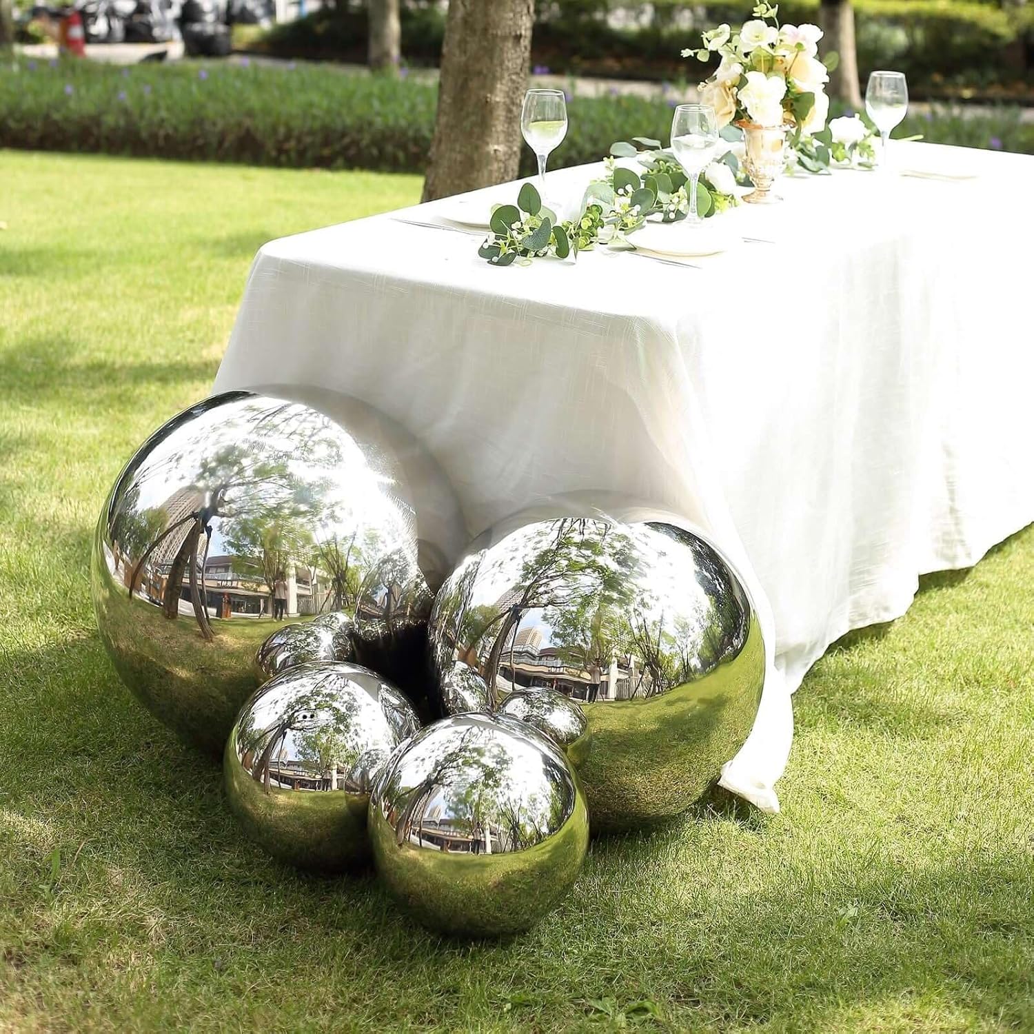Efavormart 2 Pack Silver Stainless Steel Gazing Globe Mirror Ball, Reflective Shiny Hollow Garden Spheres - 12"