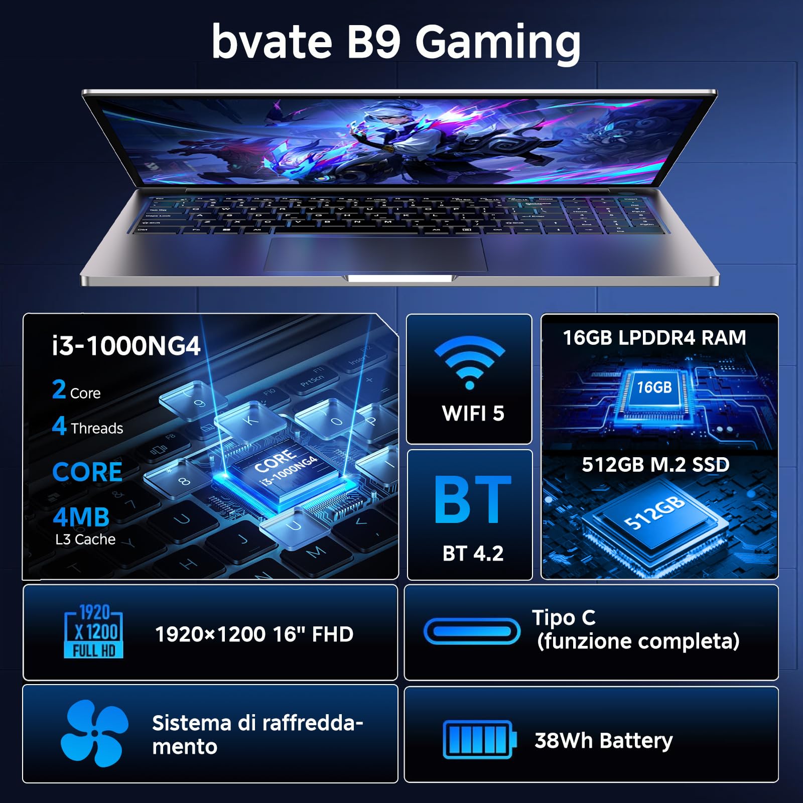 bvate PC Portatile Gaming 16" Core i3 16GB RAM SSD Espandibile Argento | Schermo IPS 1920×1200 FHD+, CPU fino a 3,2GHz, 5G WiFi, Mouse e adesivi tastiera italiana inclusi