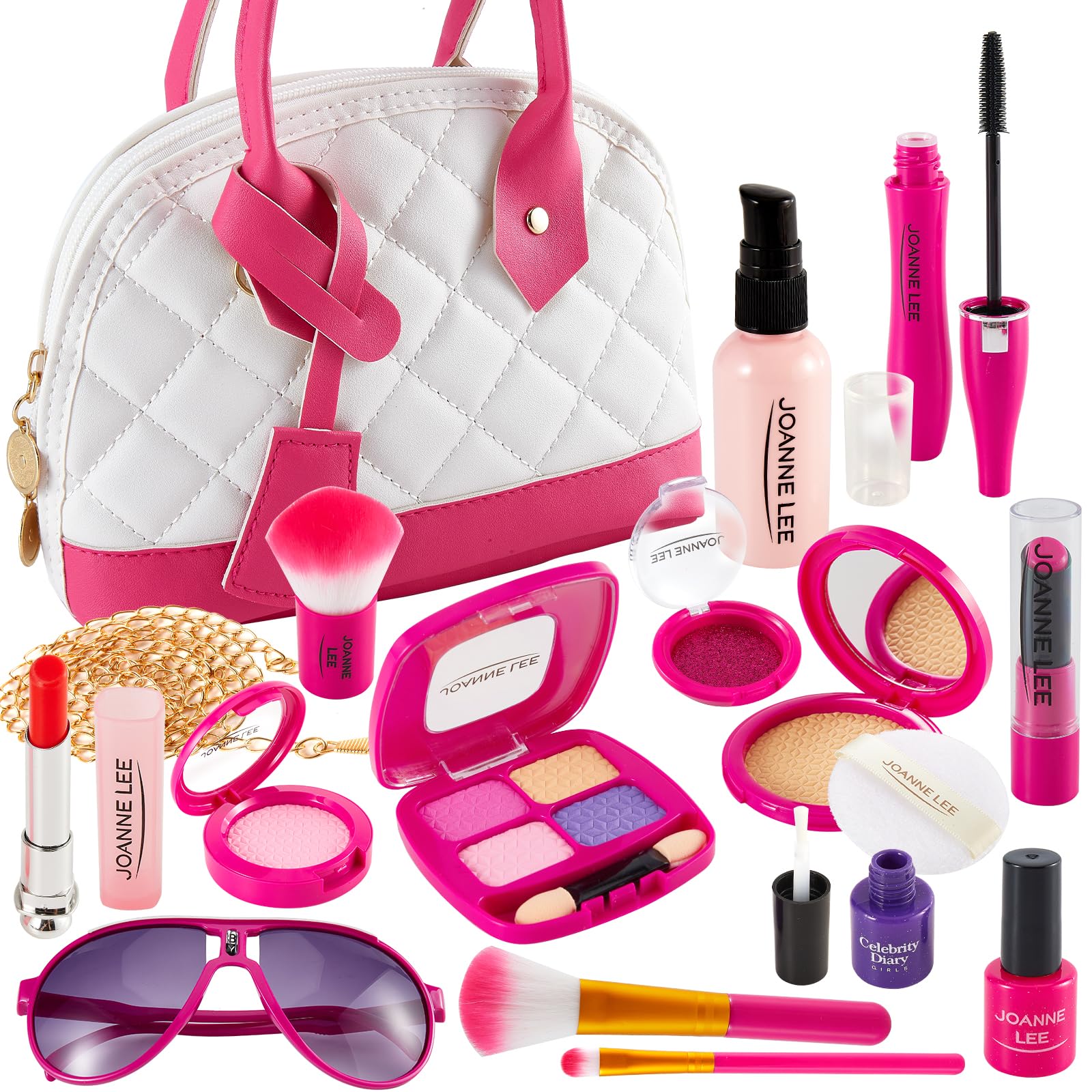 HERSITY Kids Makeup Kit for Girls Pretend Play Beauty Set Fake Make up Toys with Cosmetic Bag for Princess Toddler Little Girls Age 3 4 5 6-8, Pink