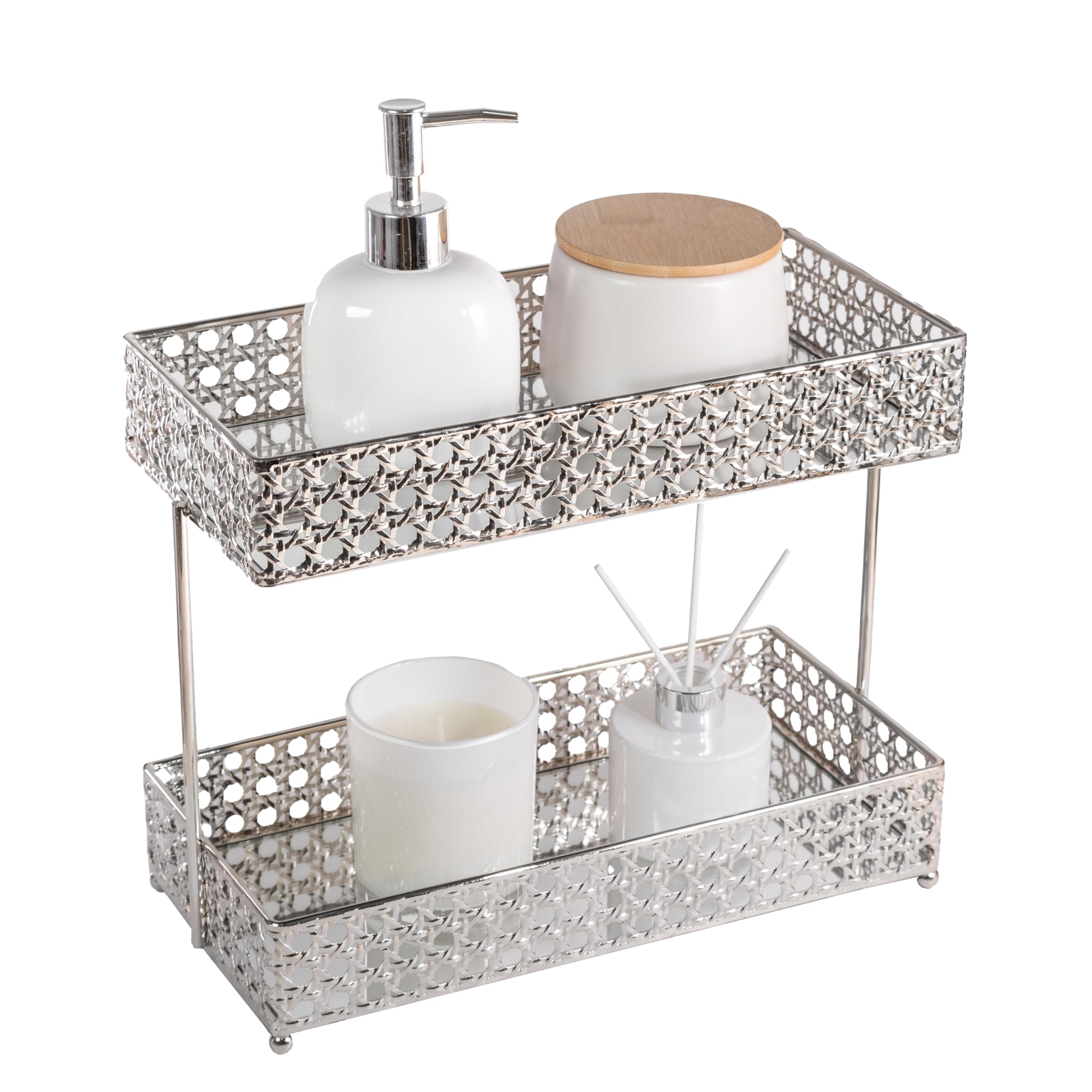 2 Tier Vanity organizer,Mirrored standing Dresser tray for bedroom,2 Tier Bathroom Organizer of Silvery Shelf. Perfume Stand Tray,Skincare Makeup Organizer, Cosmetics Cologne Holder (Assembly-free)