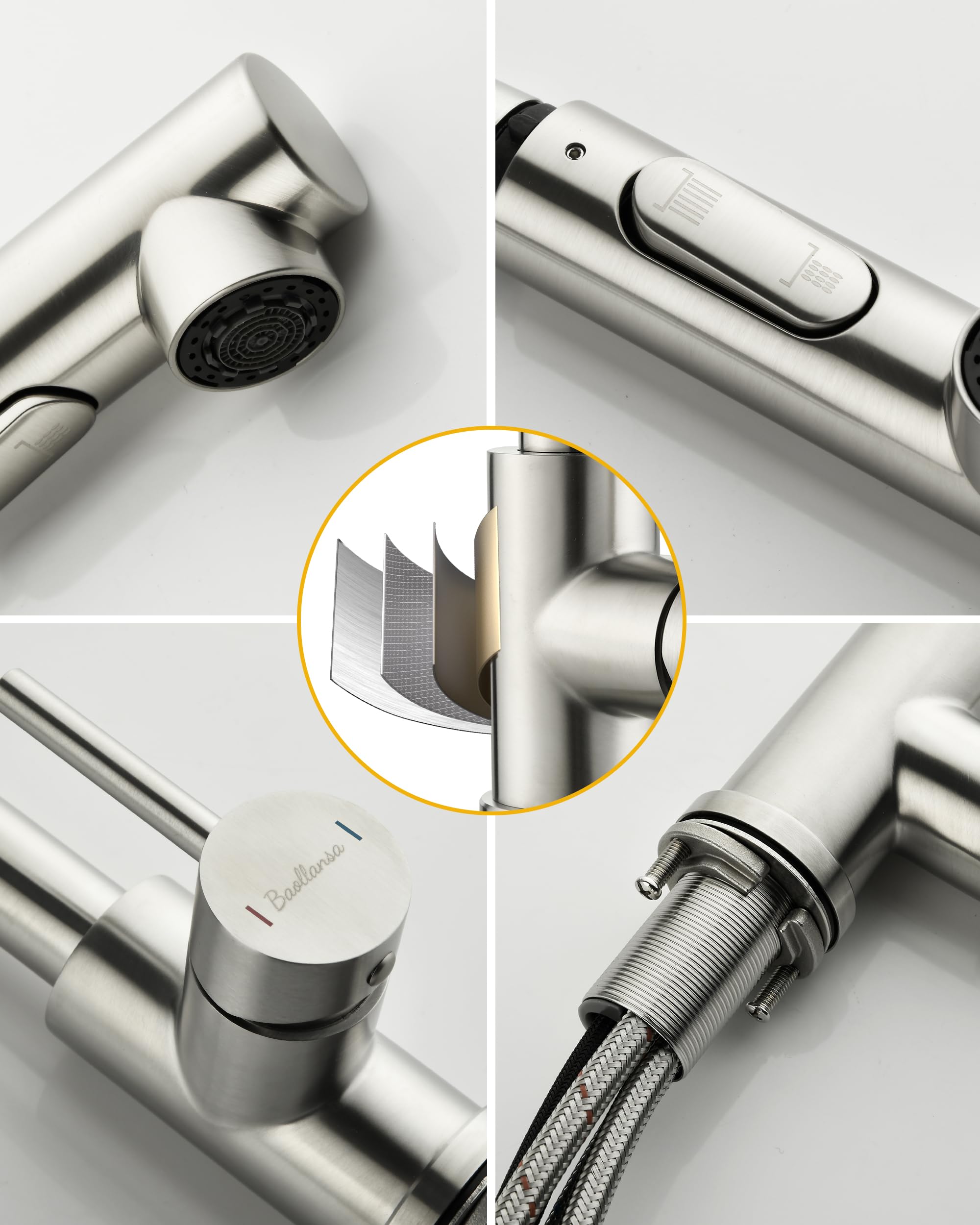 Grifo de cocina Baollansa, grifo extractable con alta presión, grifo de fregadero de cocina con ducha, 2 tipos de chorro de agua, grifo de cocina de acero inoxidable, giratorio 360° (cepillado)