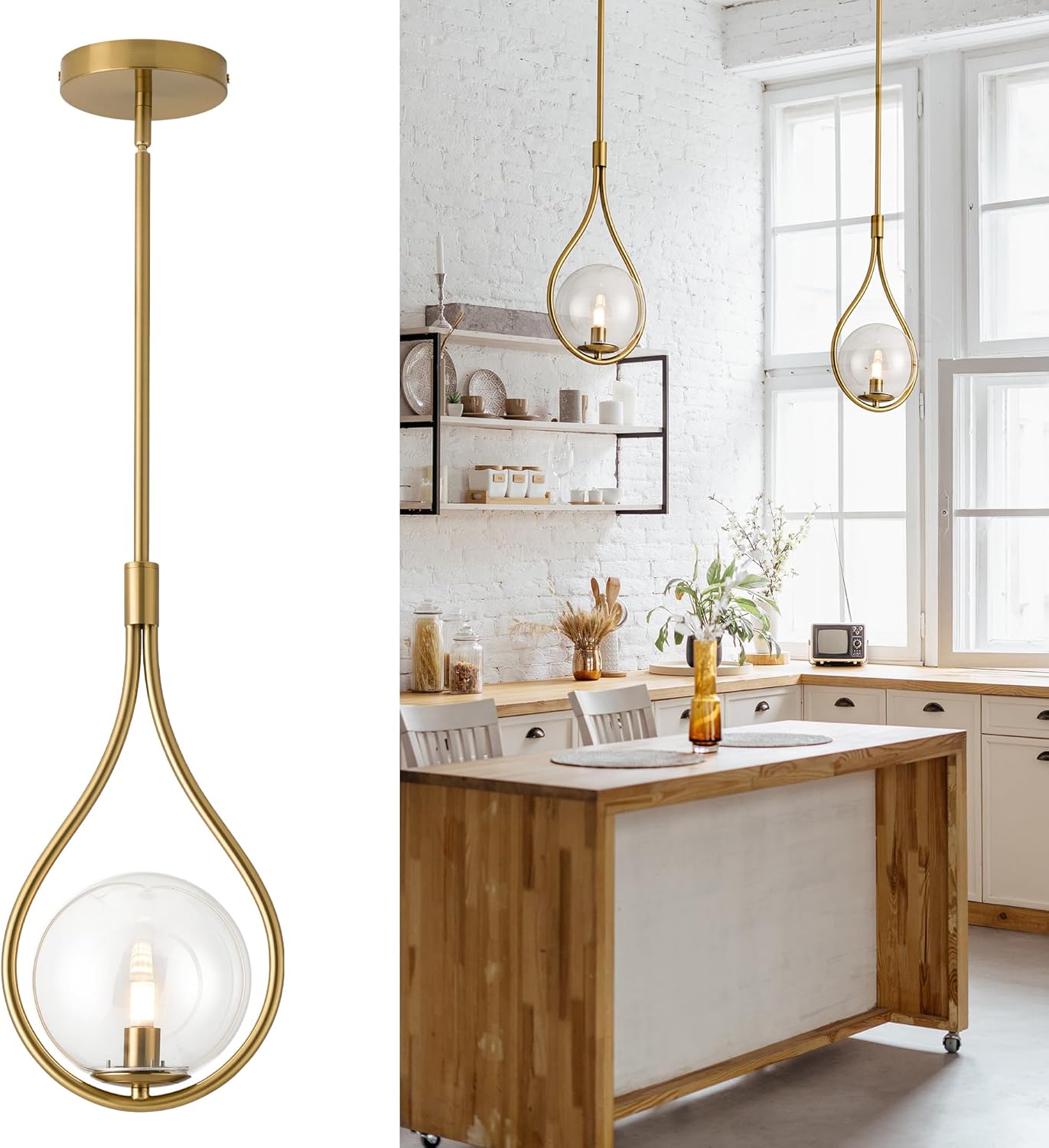 Gold Pendant Lights - Vintage Pendant Light Fixtures - Globe Hanging Lihghting Fixture with Frosted Glass - Pendant Lights for Kitchen Island H9377-CLGB Gold - Clear Glass-Type B