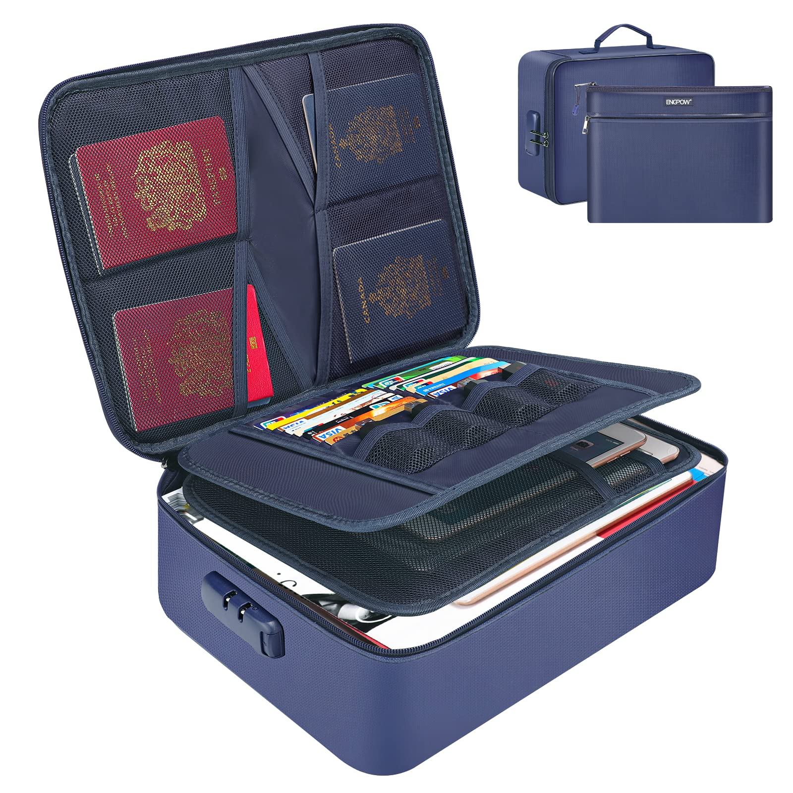 ENGPOW File Organizer Bags,Fireproof Document Bag with Fireproof Money Bag,Home Office Travel Safe Bag with Lock,Multi-Layer Portable Filing Storage for Important File Passport Certificates,Blue