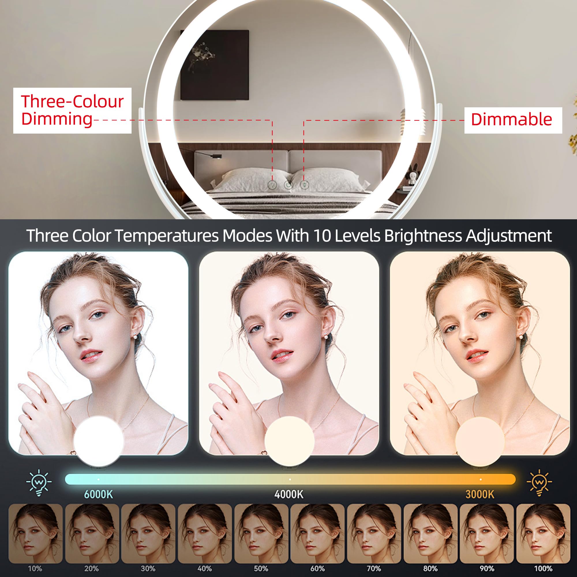MantoLite Espejo de Maquillaje Redondo LED Iluminado 40 cm Blanco Táctil | Espejo de maquillaje grande giratorio 360° con luces, espejo de mesa regulable con 3 modos de iluminación.