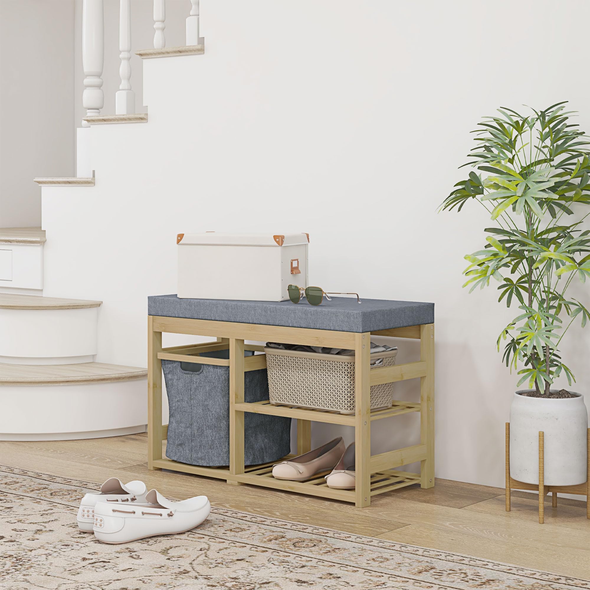 HOMCOM Banco Zapatero de Bambú con Asiento 4 Pares 69x30x45 cm Natural | Mueble Zapatero, Cesta Extraíble, Estantes Abiertos, Bancos Pequeños para Recibidores