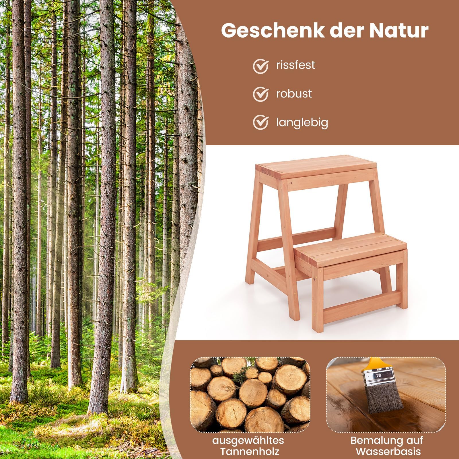 Marchepied Pliable 2 Marches En Bois D'épicéa – Charge 250 Kg, Dimensions 50x39x45 Cm, Pour Jardin Ou Maison - 2