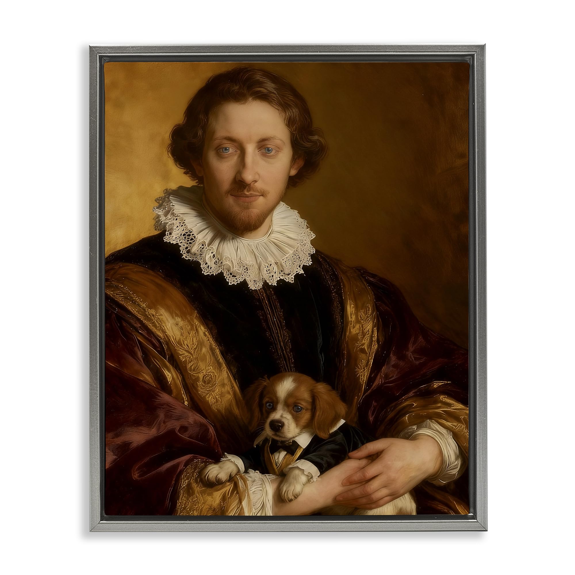 Stupell Industries 'Renaissance Noble with Loyal Companion', Floating Frame Canvas Art, Gray, 17 x 21 Inches, Easy to Hang and Sturdy, Made in USA, by CAD Designs