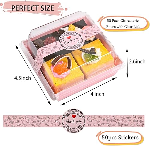 Miniatura 2 de Cajas de papel para embutidos con tapas transparentes y calcomanías, 50 juegos de recipientes cuadrados desechables de 4 pulgadas, cajas de