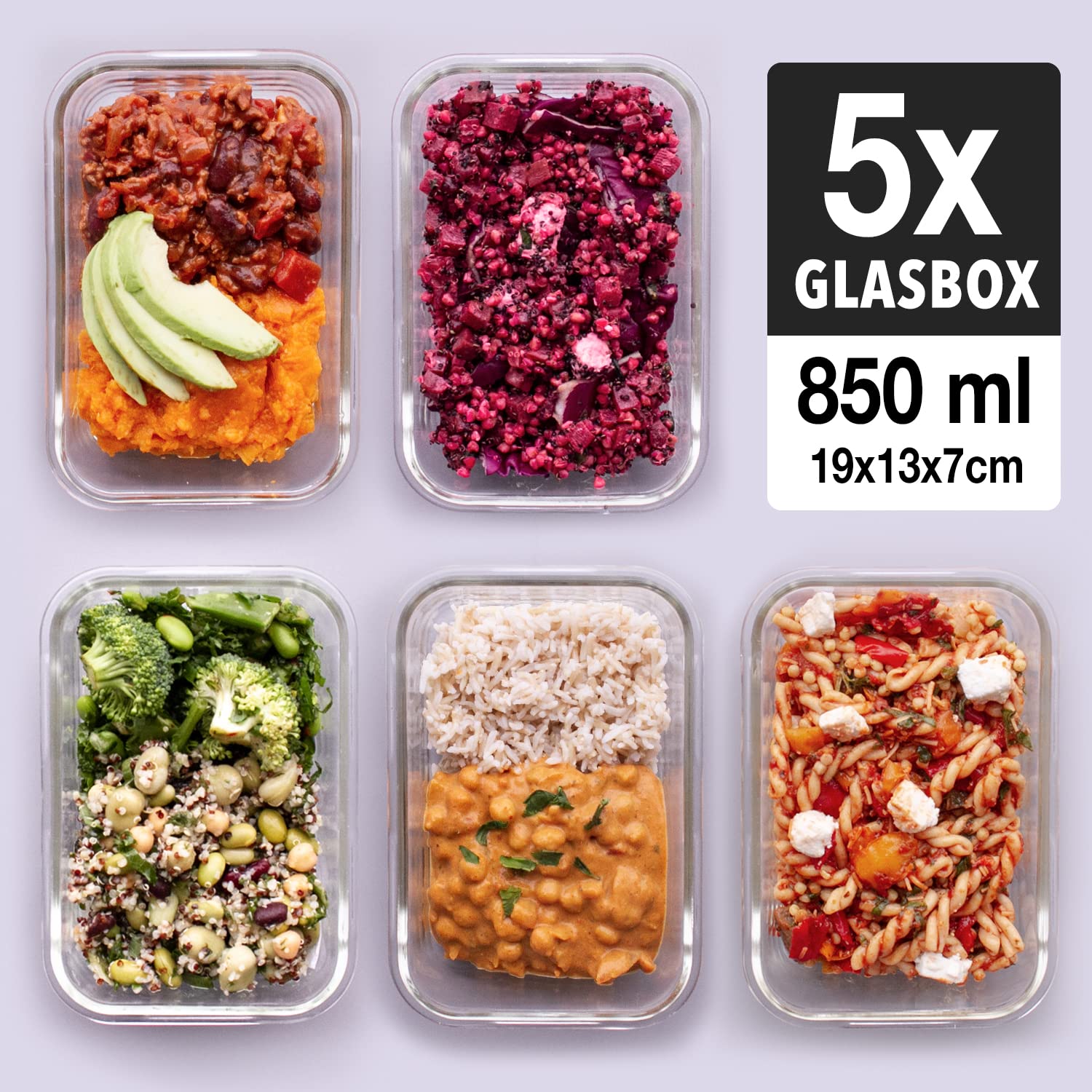 GOOD FOR YOU - Glas-Frischhaltedosen Set – 5er Set Meal Prep Boxen, Frischhaltedosen mit Deckel, BPA-frei, Mikrowellen- & Spülmaschinengeeignet (850 ml)