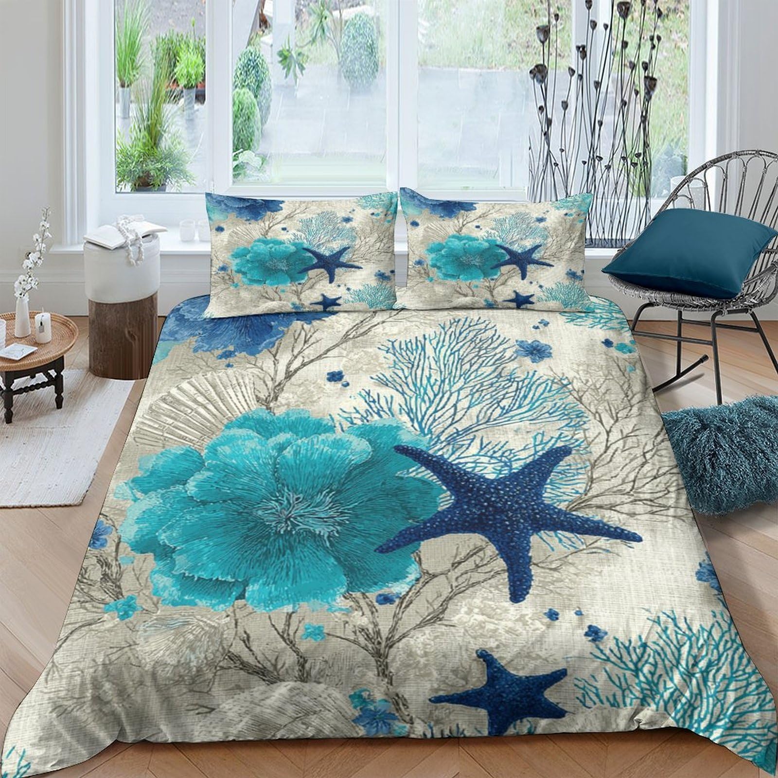 Ctjqhvkz Style-8 3D Printed Ocean Coral Fitted Sheet Microfiber Soft Blue Starfish Bed Cover For Bedroom Guest Room Decor Single（135X200cm）
