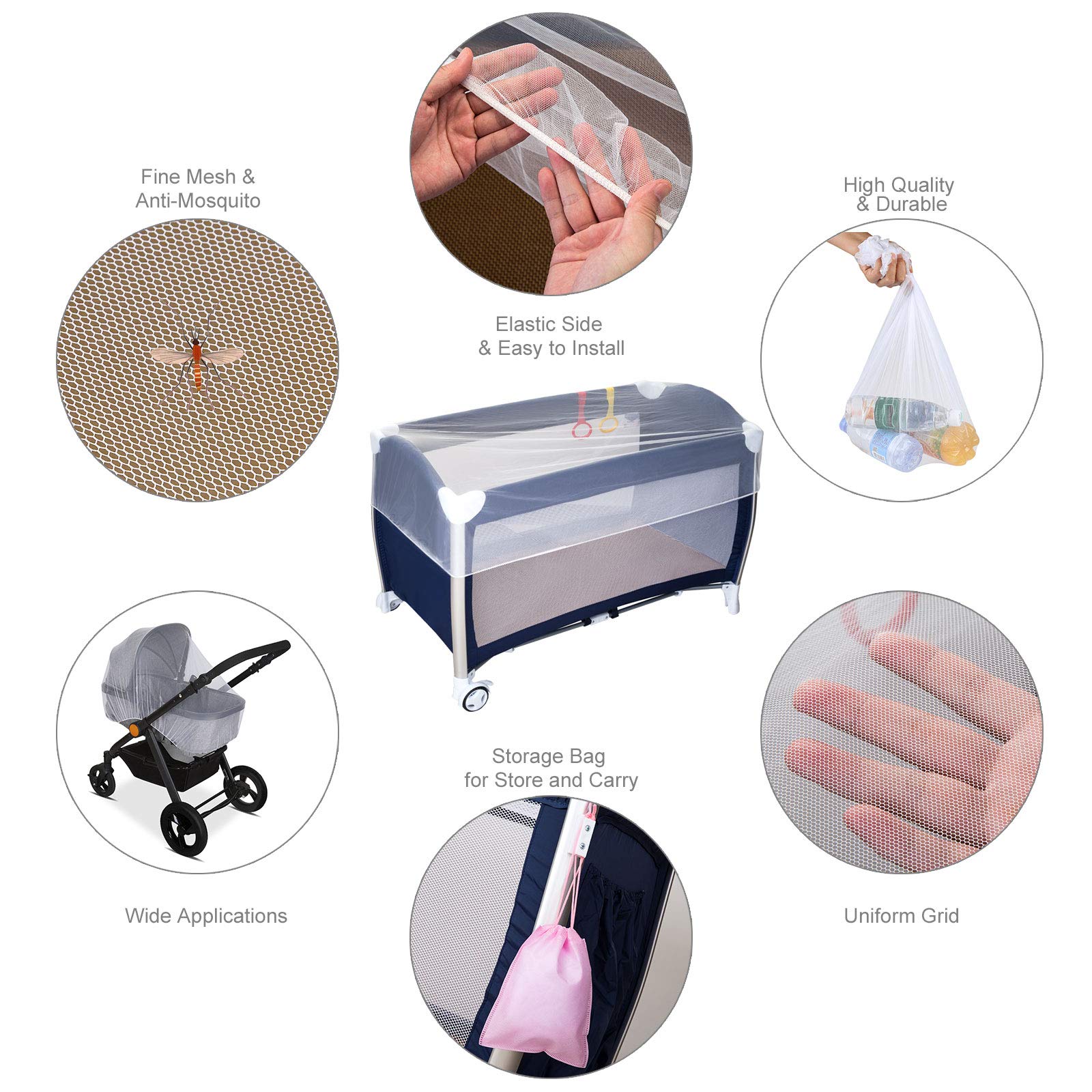LEMESO Zanzariera Passeggino Universale per Culle, Lettini, Carrozzina, Seggiolino Auto, Letto Ombrello, Protezione Insetti per Neonati, Bambini-Dimensione L