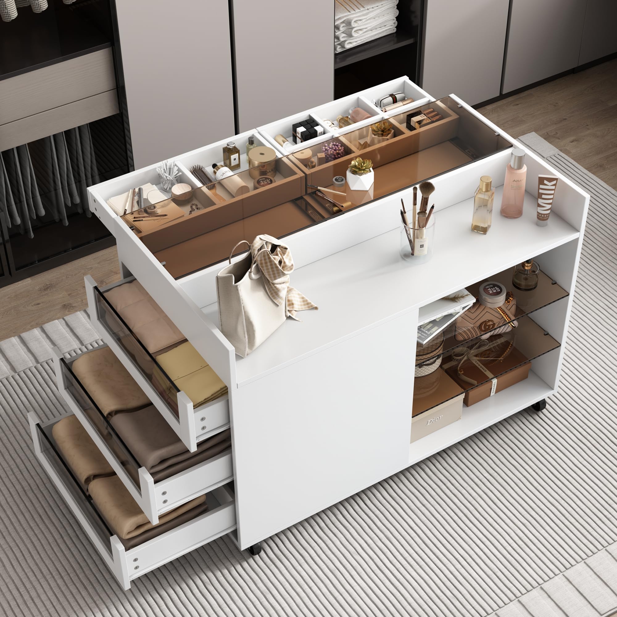 JIVOIT Movable Storage Cabinet Island, 43.3" Multi-Functional Island with 3 Side Drawer, a Reversible Top Storage Space and Two Glass Display Shelves, Vanity Table