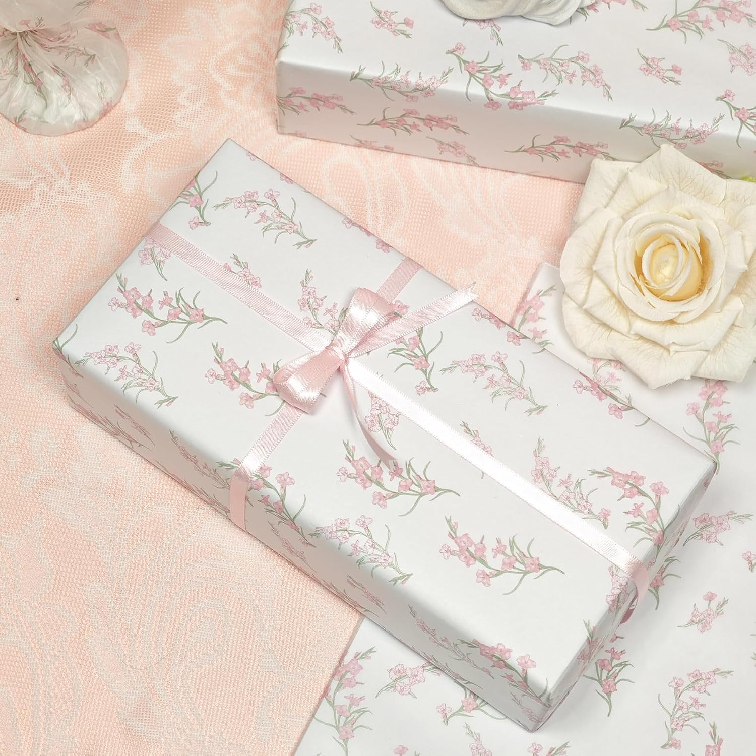 Floral Tissue Paper, White with Pink Gladiolus Flowers Pattern- 30 Sheets, 20x14 In, Gift Wrapping Tissue Paper for Gift Bags, Bouquet Packaging for Wedding Baby Shower DIY Crafts Birthday Party Decor