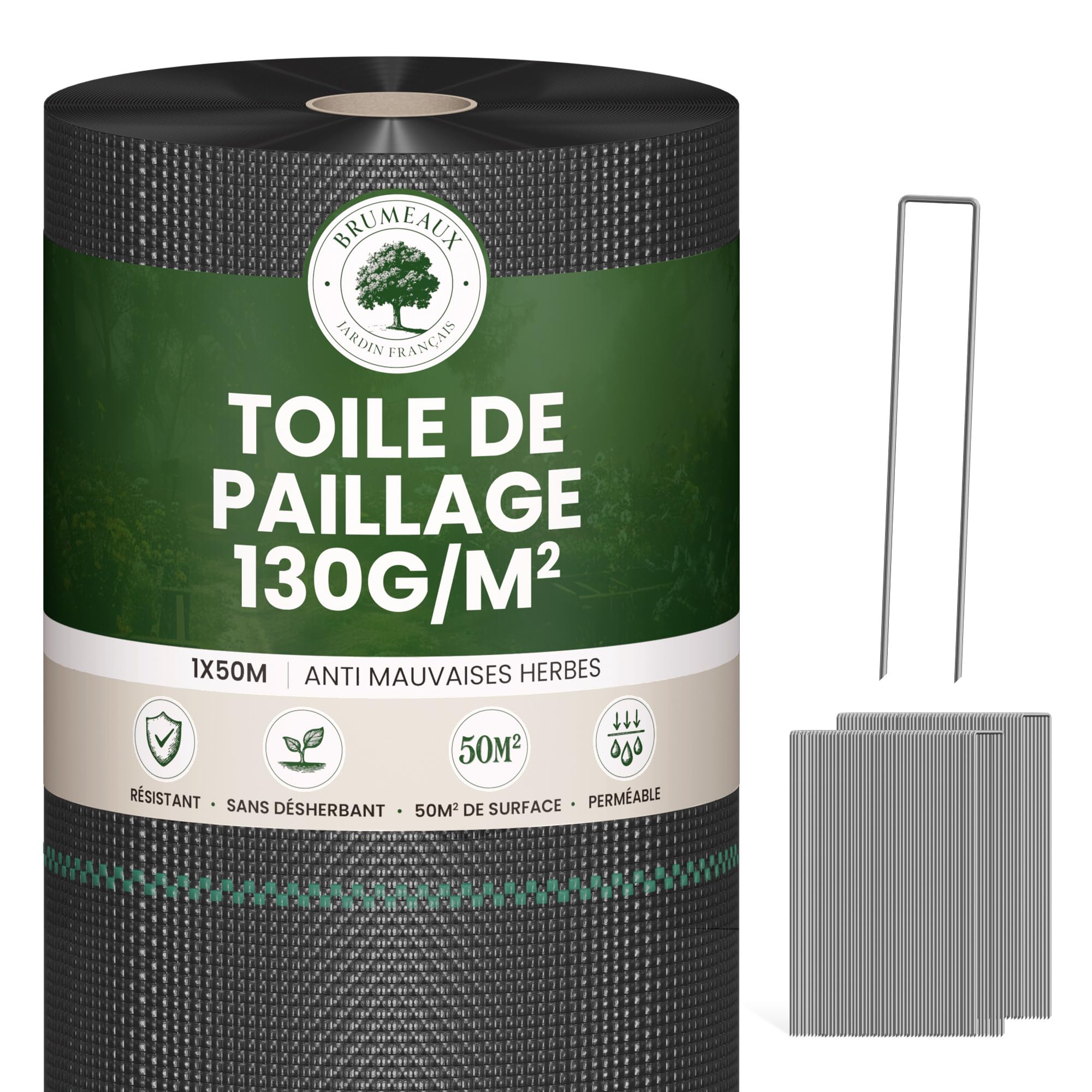 SKYLANTERN Toile de Paillage 50m² très épais 130g / m2 + 100 agrafes en Acier galvanisé - Geotextile Anti Repousse Gravier 50Mx1M pour Terrasses et Allées - Bache Noire Agricole + 100 Sardines