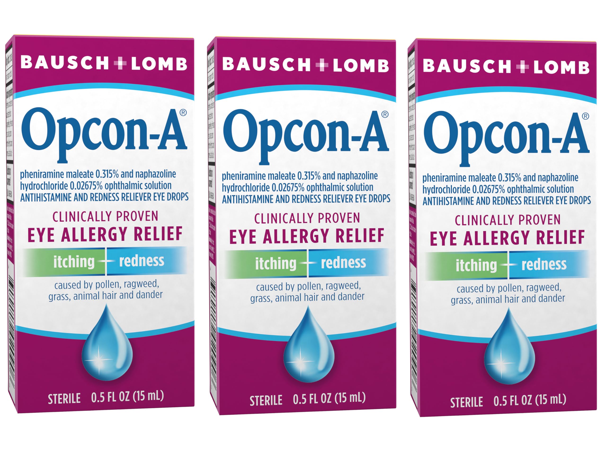 opcon-a allergy eye drops antihistamine and redness relief for itchy red eyes soothes irritation from pollen ragweed grass animal hair amp dander clinically proven formula 05 fl oz pack of 3