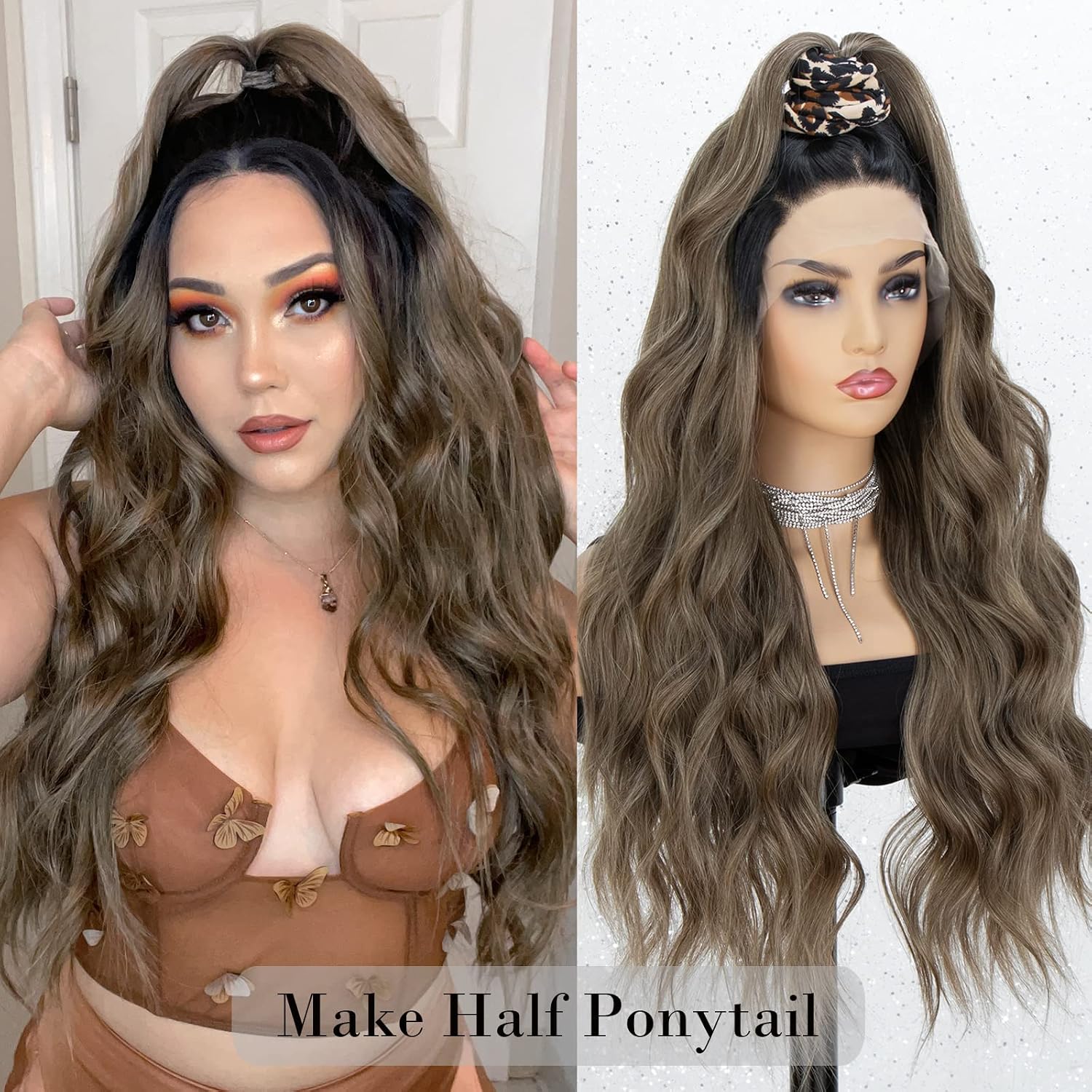 K'ryssma Brown Lace Front Wigs Ombre Dark Roots Natural Looking Glueless Long Wavy Synthetic Wig for Women 2 Tone Heat Resistant 22 inches