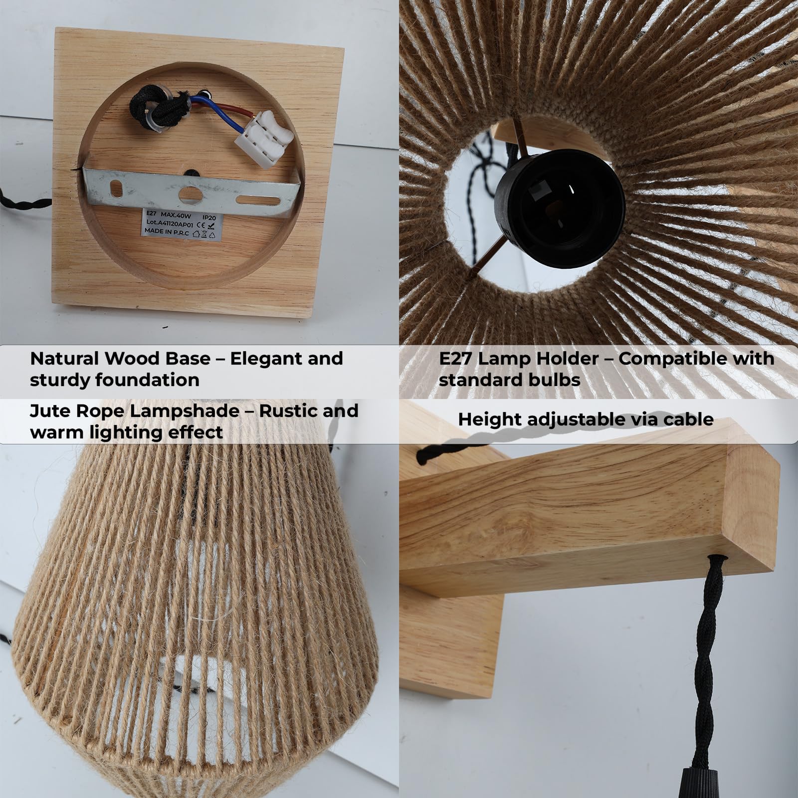 Alpinaluz Applique Murale en Bois avec Abat-jour en Corde de Yute Tissée à la Main, Hauteur Réglable, Style Bohème Artisanale pour Chambre, Salon ou Couloir, Douille E27 Compatible LED