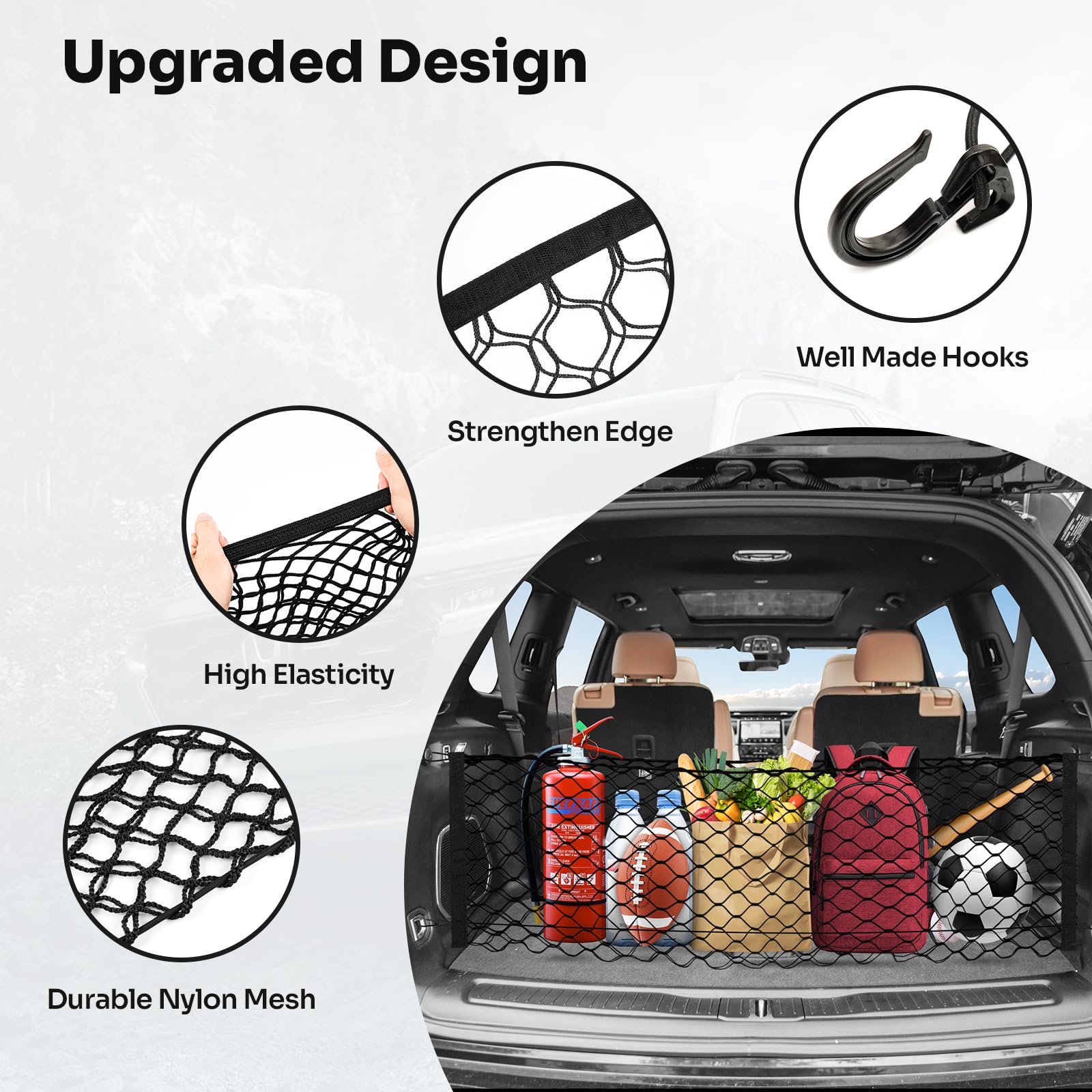 Canvcle Filet de coffre pour Jeep Grand Cherokee L 2021-2026 (7 places) - Accessoires style enveloppe - Filet de rangement en maille extensible réglable en nylon élastique avec crochets