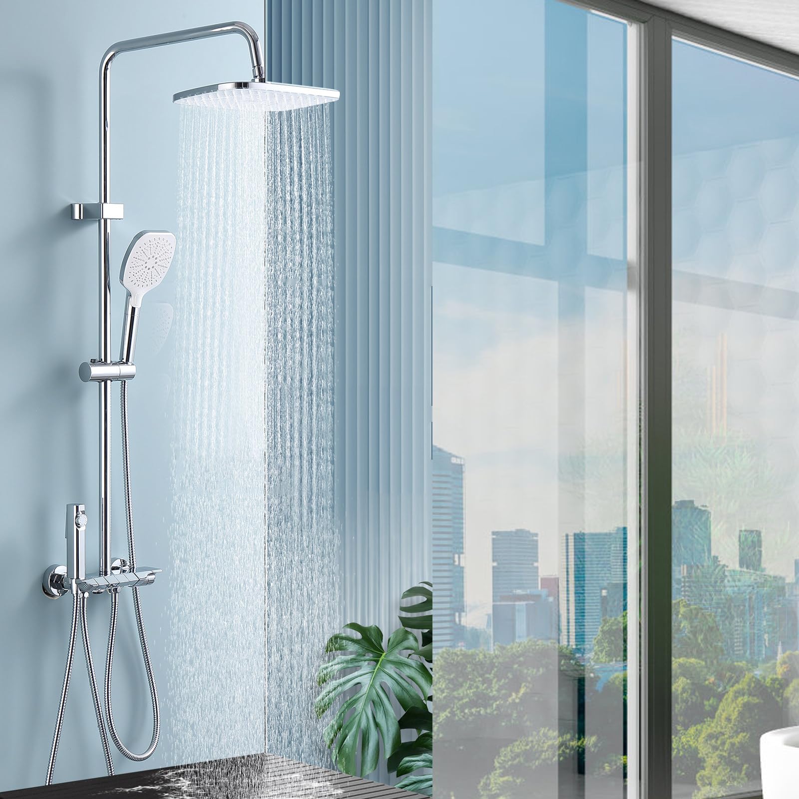Sistema Doccia, Set Rubinetto Grigio, 4 funzioni, Kit di Montaggio a Parete con soffione Portatile a 3 modalità, doccetta per Bidet a Pioggia