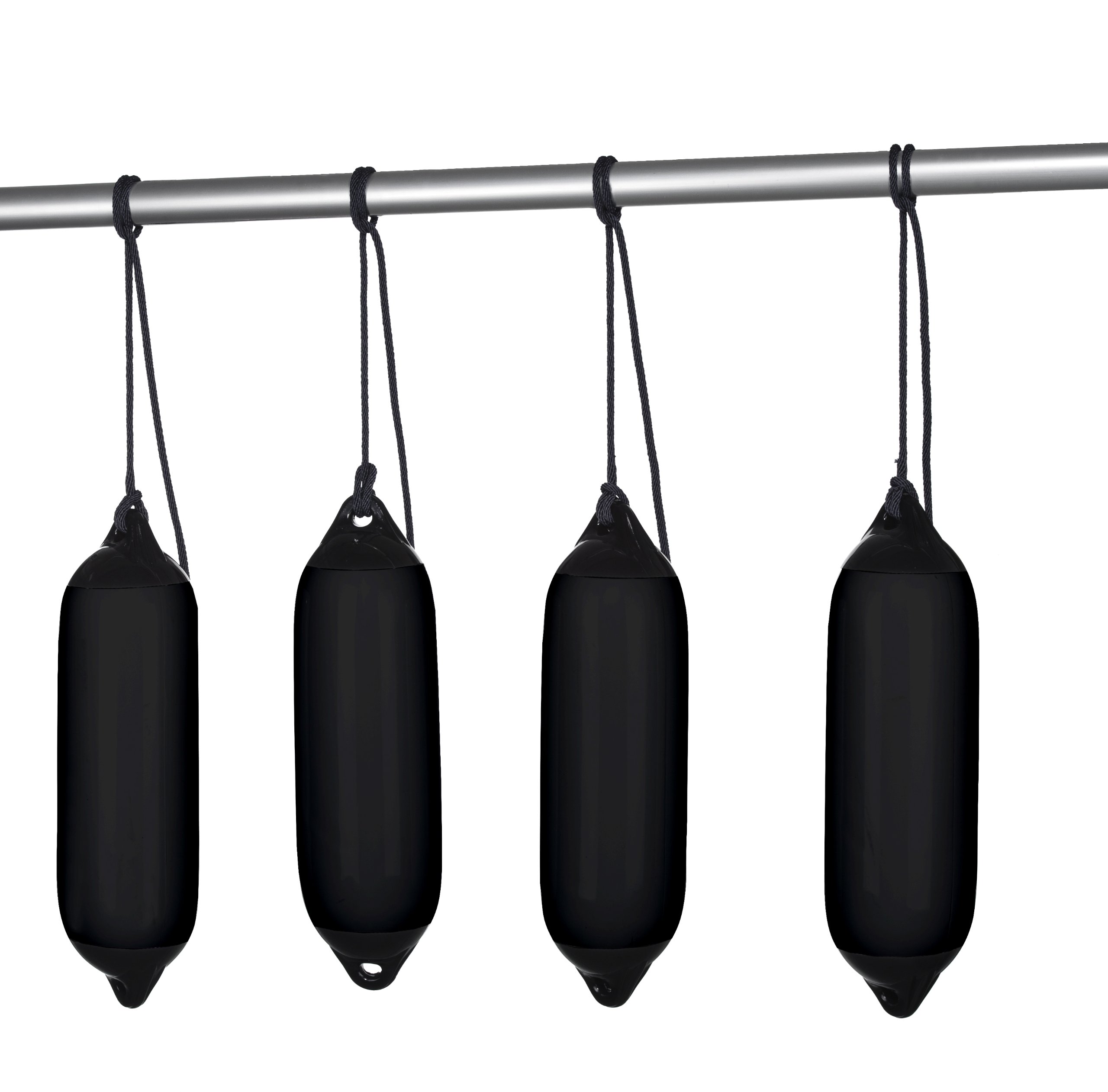 Seilflechter - Bootsfender Set schwarz mit 4 Aufblasbaren Fendern & 4 Fenderleinen, Maße: 120-210 mm x 450-620 mm, Fenderset
