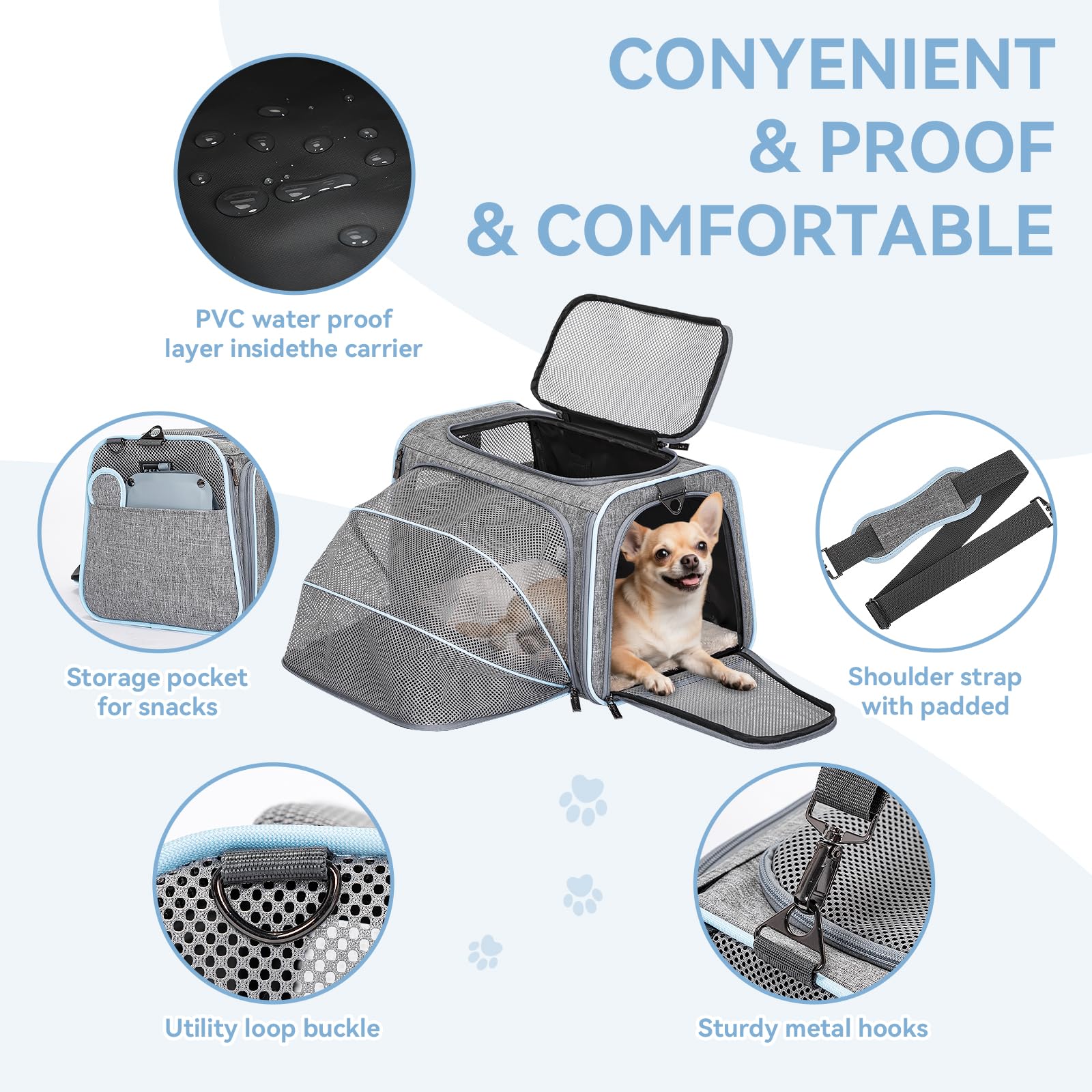 Petsfit - Transportín ampliable para perros, con forro polar, apto para la mayoría de aerolíneas, equipaje de mano, suave, plegable, con bolsillos