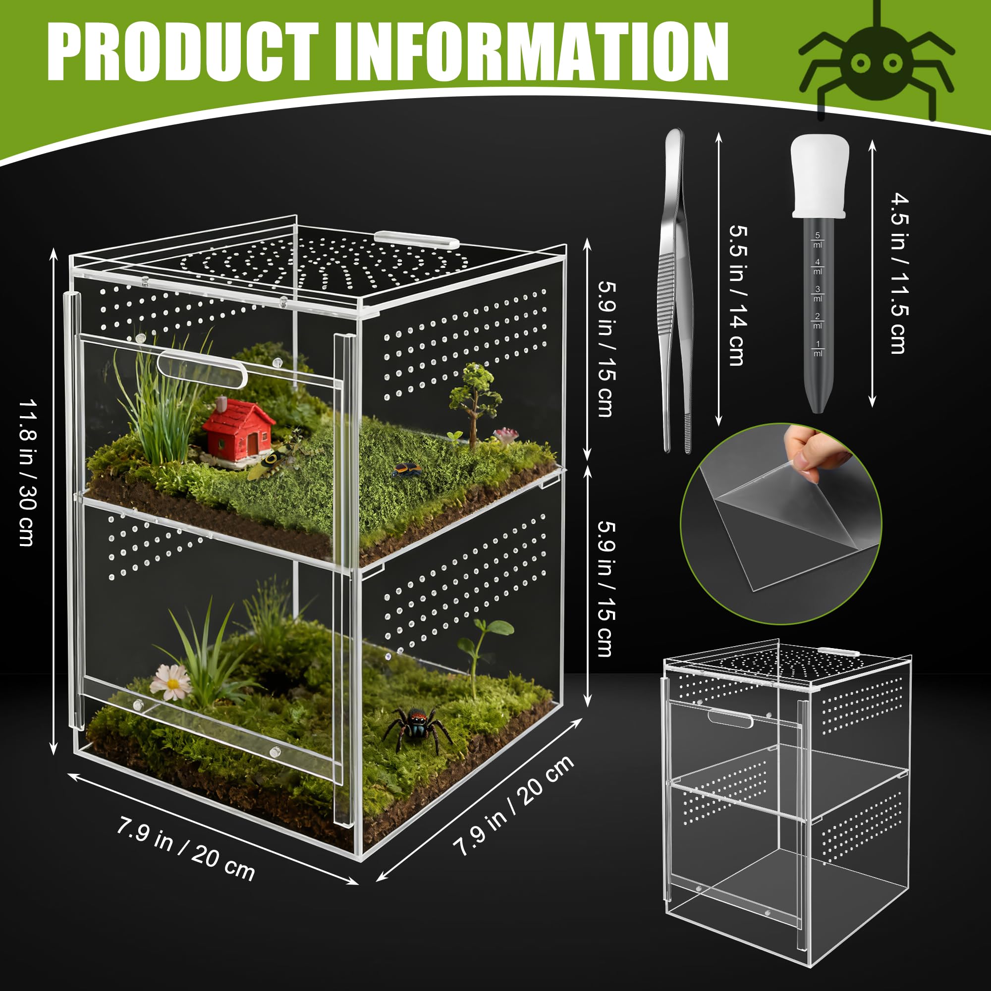 Windspeed Caja de araña de salto de doble capa de acrílico para terrario de micro hábitat, caja de terrario para arañas, mantis, tarántula, caracol (21 x 21 x 30 cm)