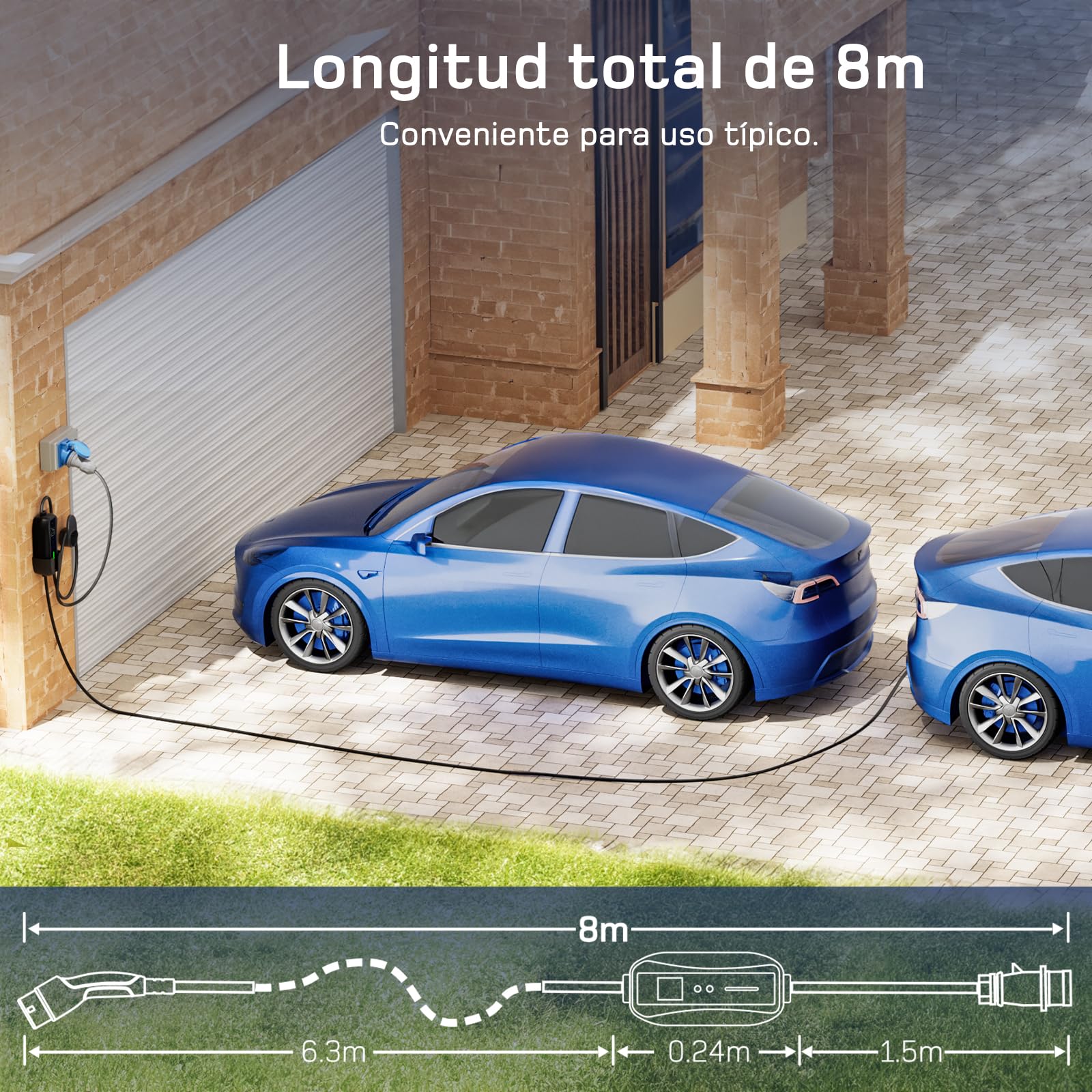 dé Cargador Coche Eléctrico 7,4kW, 32A[8m, 6-32A] con Potencia de Carga Ajustable, Estación de Carga para Model 3/Y, 500e, Spring y Otros EV/PHEV