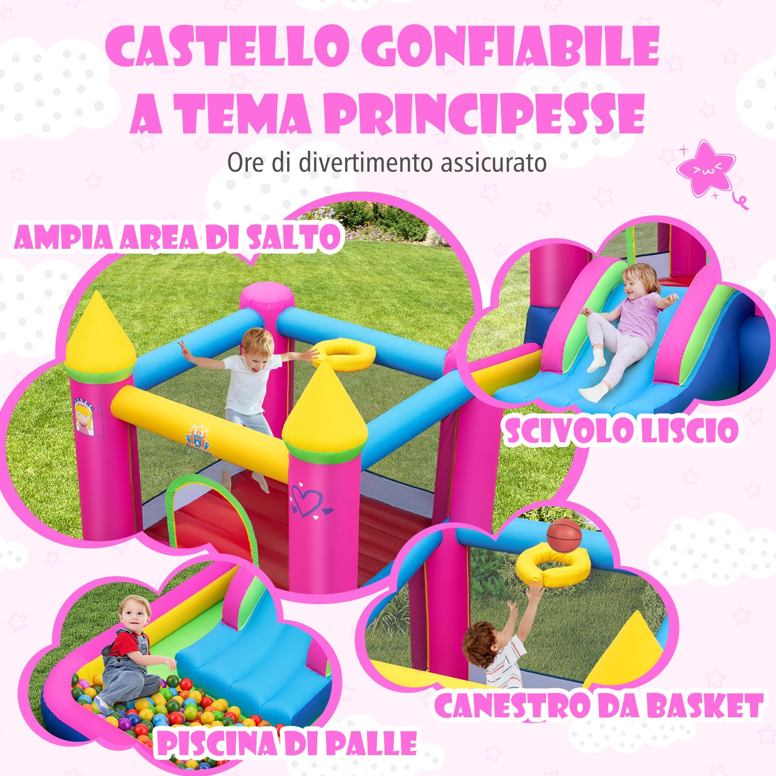 COSTWAY 4-in-1 Castello Gonfiabile per Bambini, Castello a Tema Principessa con Scivolo, Area Salto, Canestro da Basket e Vasca per Palline, Giochi Gonfiabile per 3-12 Anni (Senza Soffiatore)
