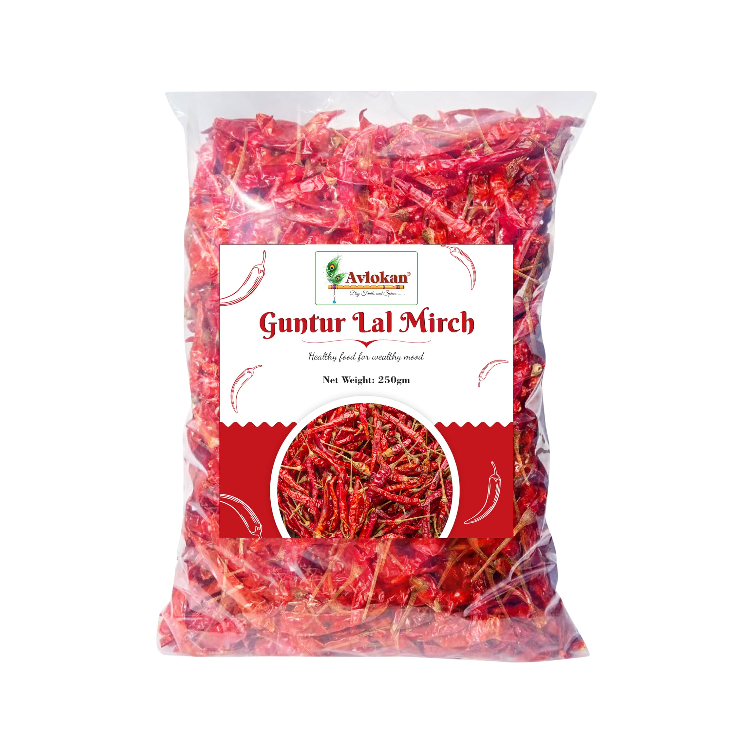 Avlokan Guntur Red Chilli Whole with Stem - 100% Natural, Hot & Spicy Dried Red Chilli | Guntur Sabut Lal Mirch Guntur Withstem Red Chilli, 250 grams