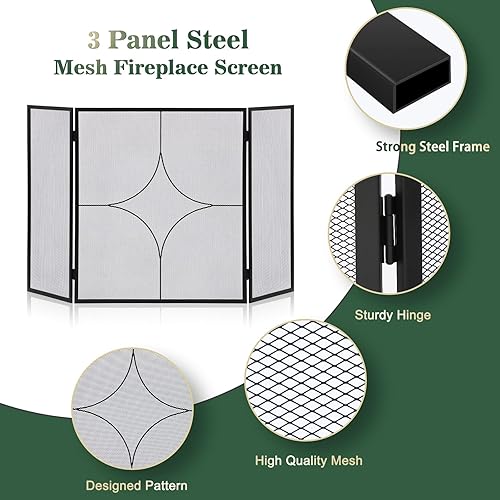 Miniatura 4 de FEED GARDEN Pantalla para chimenea de 3 paneles de 48 pulgadas de ancho x 28 pulgadas de alto, moderna y plegable con malla decorativa de metal