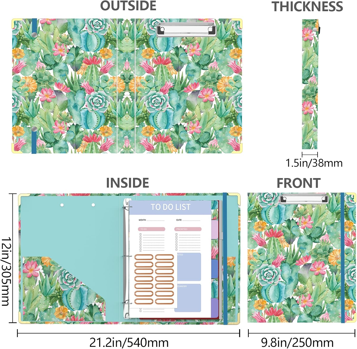 3 Ring Binder, 1 Inches Round Ring Binder with Clipboard, Dividers Tabs, PVC Zipper Bag Sleeves & to Do List Planners, Decorative Binder for School, Office Supplies-Cactus Flowers