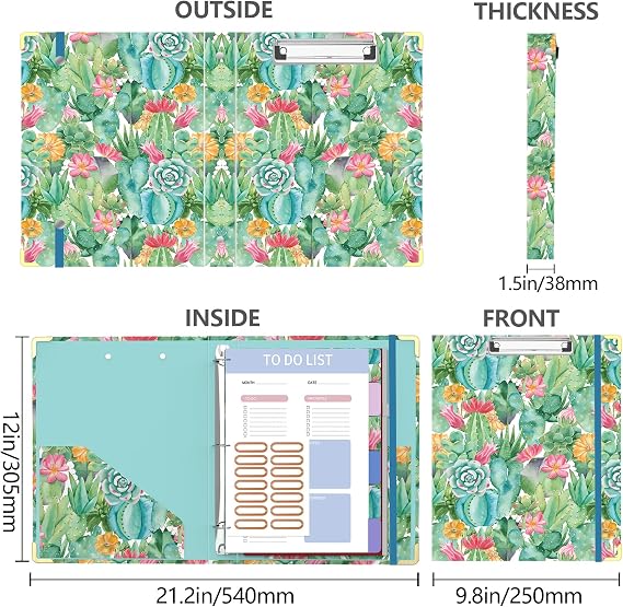 3 Ring Binder, Round Ring Binder with Tab Dividers, Interior Pockets, Cute Binders Clipboard with Storage for Letter-Size, Folders Organizer for School Office, Portfolio (Flower)