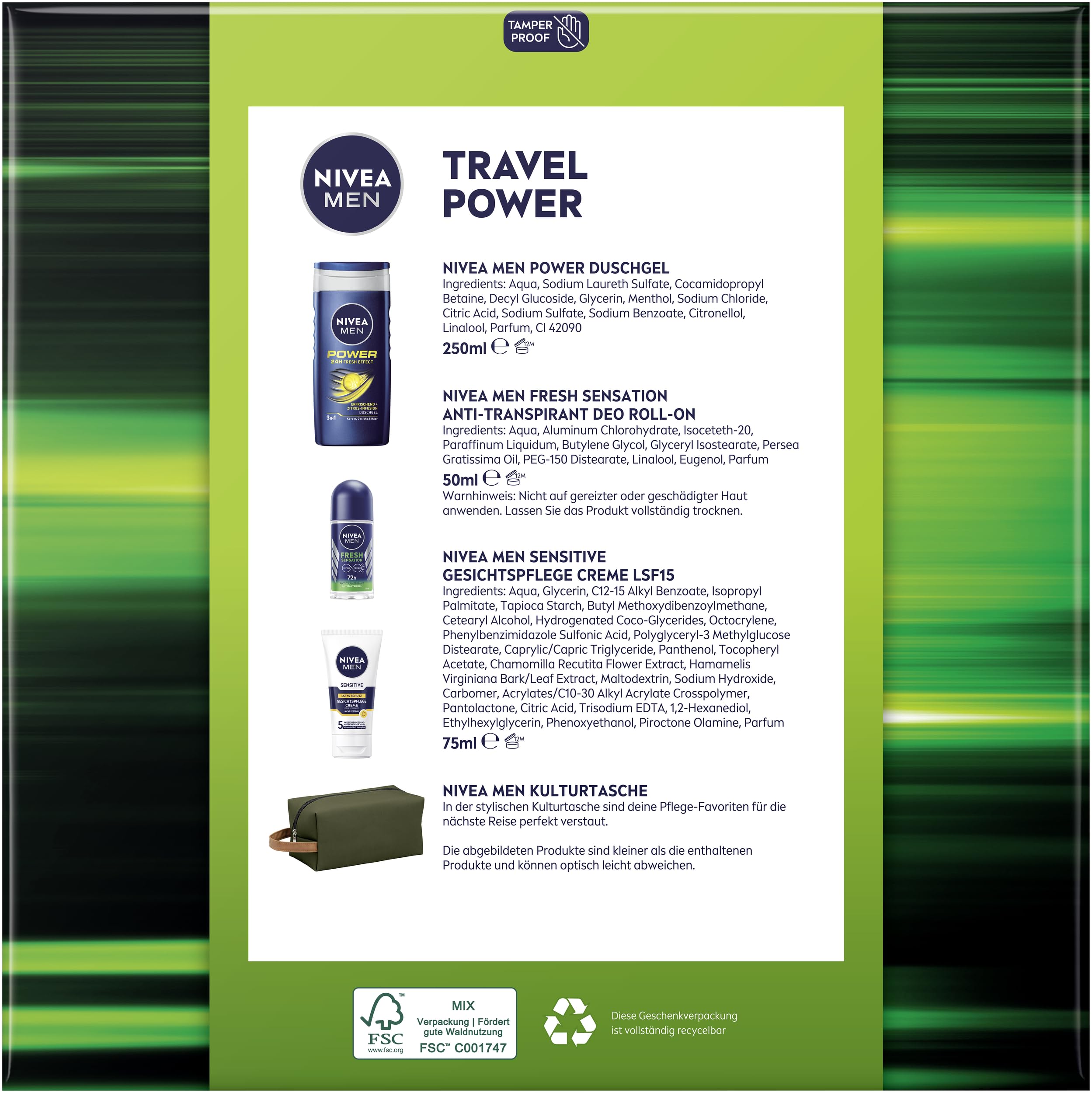 NIVEA MEN Travel Power Geschenkset, Pflegeset mit Pflegeprodukten für unterwegs, Set mit NIVEA MEN Duschgel, Deo Roll-on, Gesichtspflege Creme und Kulturtasche