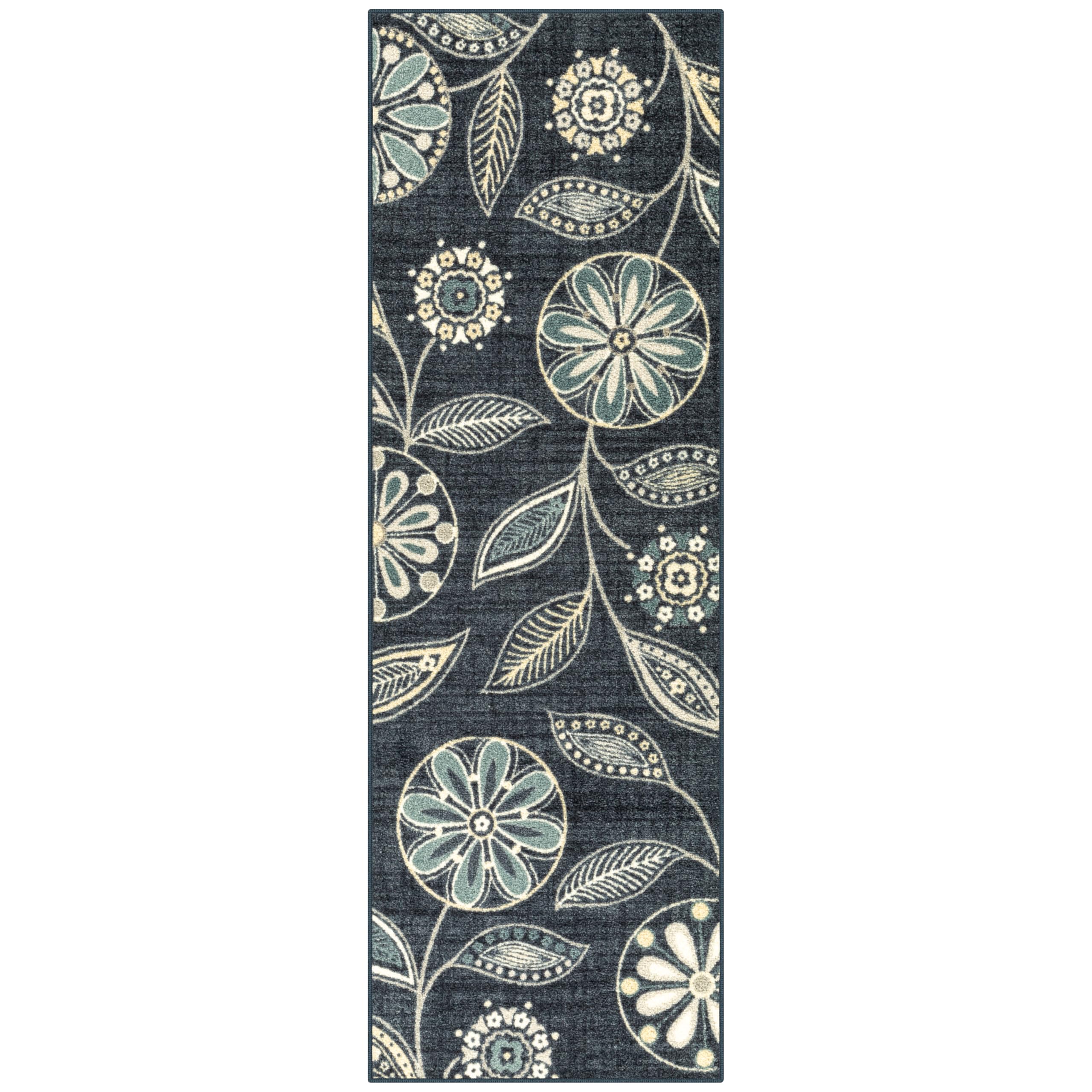 Maples Rugs Reggie Floral Runner Rug - Made in USA - Washable, Non Slip Indoor Carpet for Kitchen, Hallway, and Laundry Room, 2' x 6', Persian Blue